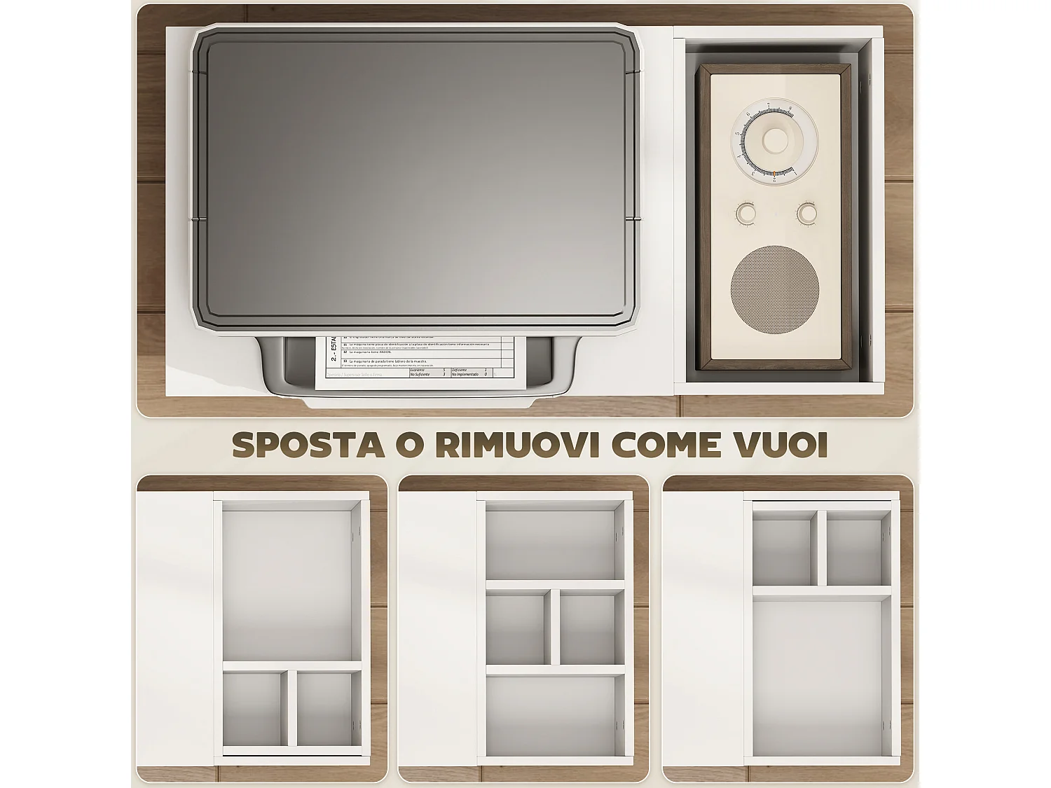 Tavolino da salotto con ruote scomparti e ripiano bianco