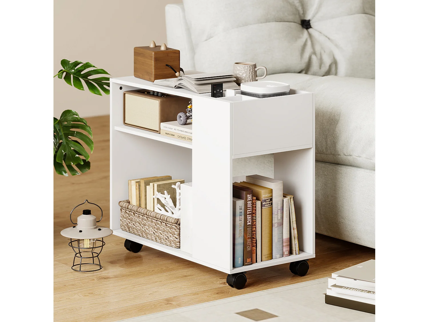 Tavolino da salotto con ruote scomparti e ripiano bianco