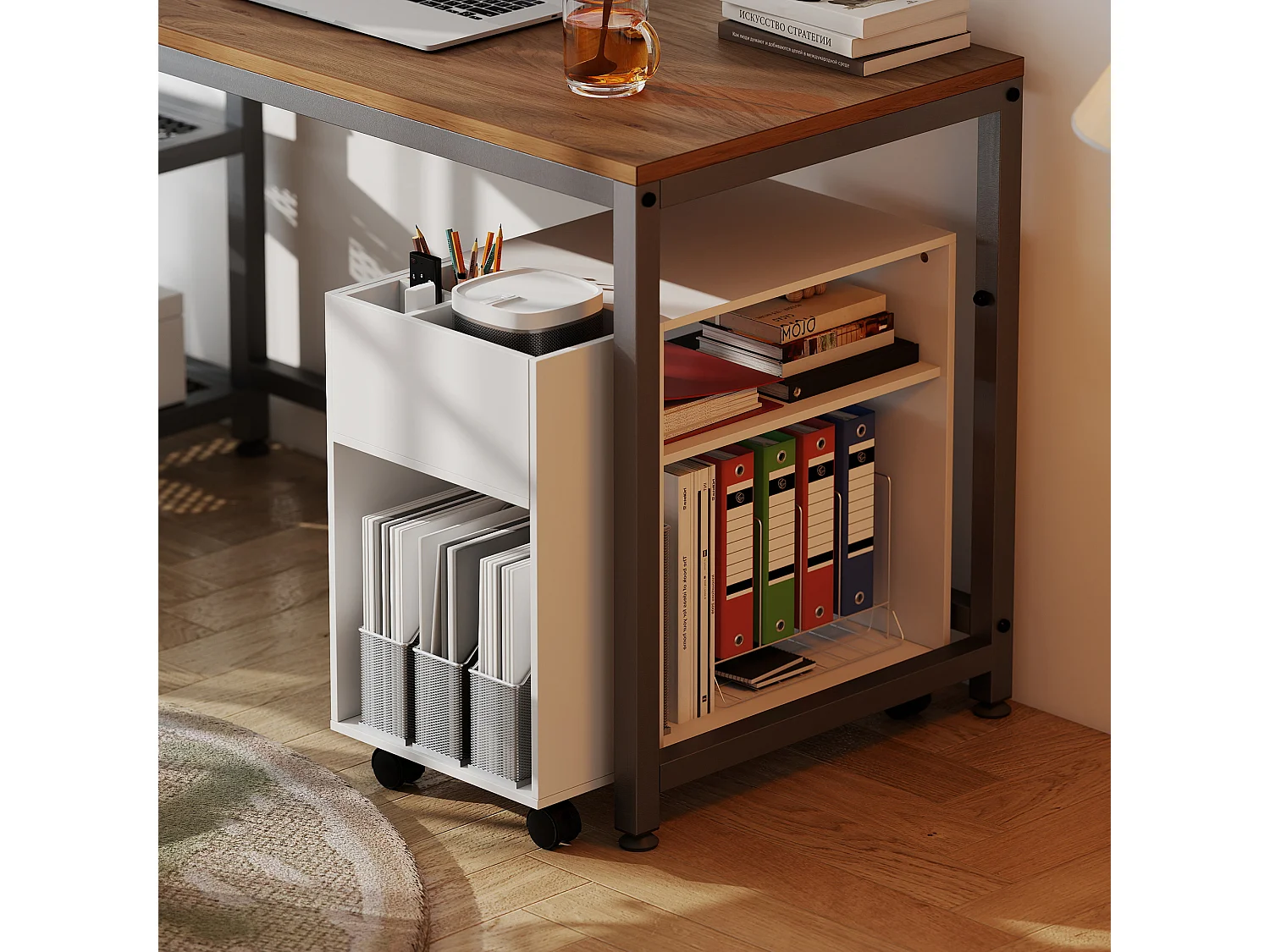 Tavolino da salotto con ruote scomparti e ripiano bianco