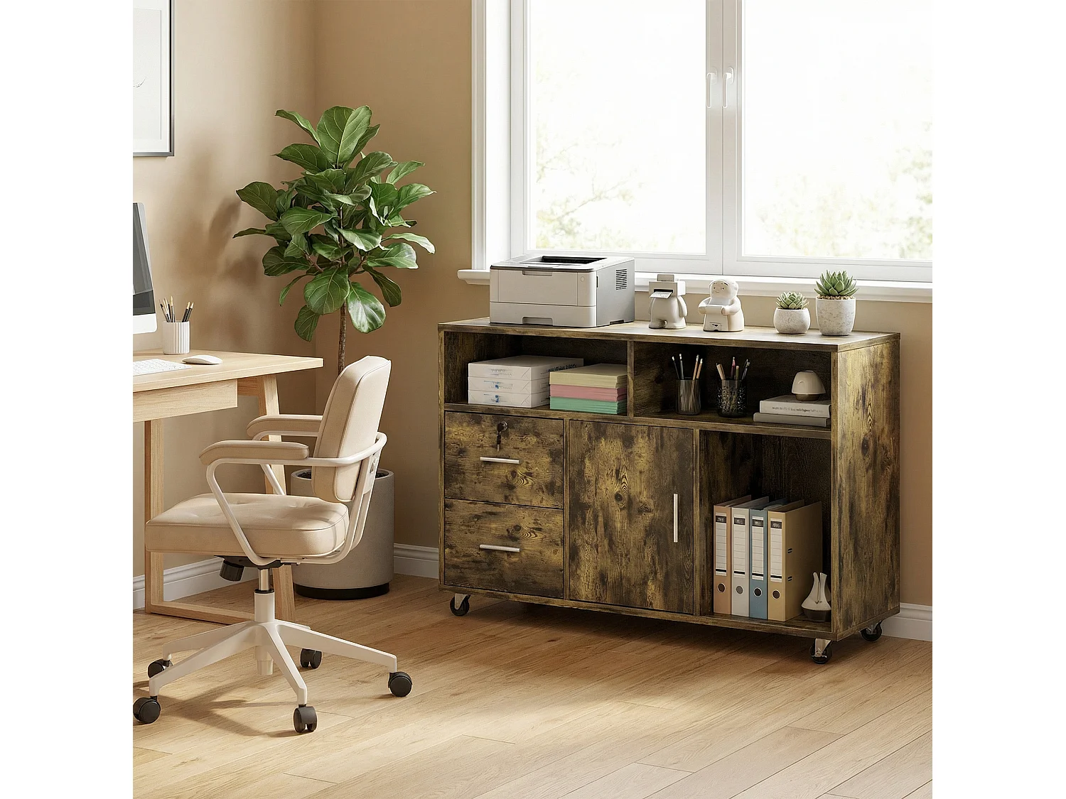 Mobile per stampante con 2 cassetti, 3 ripiani e 2 armadietti marrone