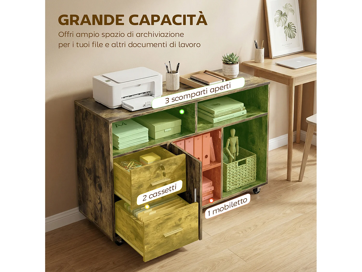 Mobile per stampante con 2 cassetti, 3 ripiani e 2 armadietti marrone