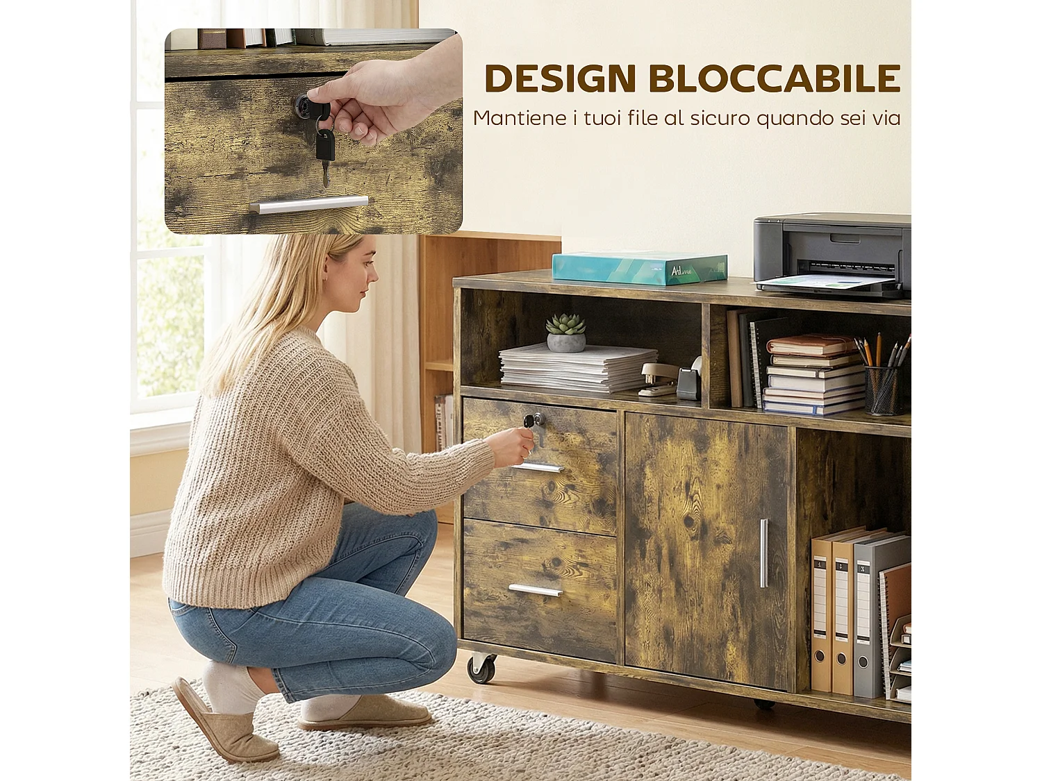 Mobile per stampante con 2 cassetti, 3 ripiani e 2 armadietti marrone