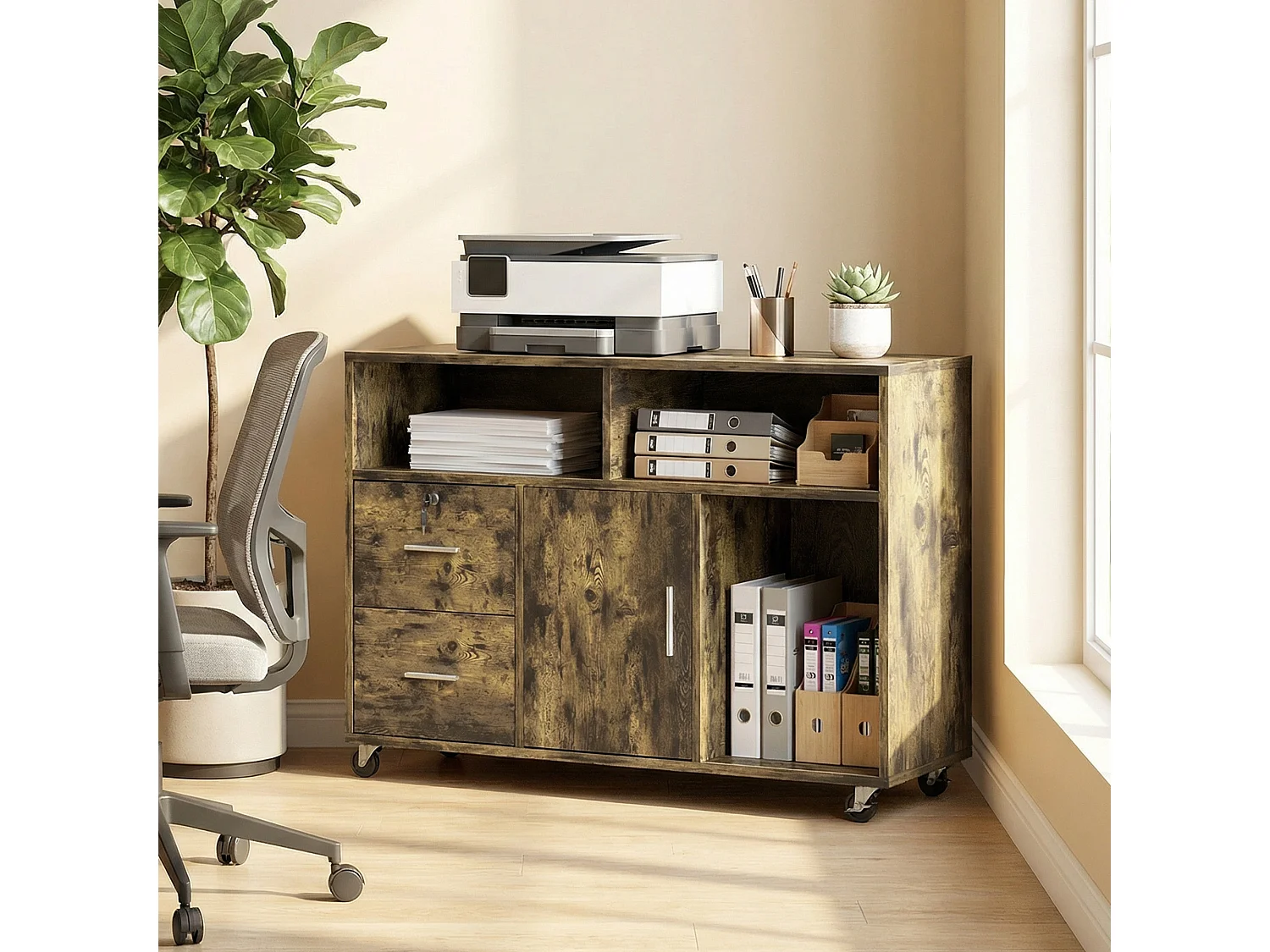 Mobile per stampante con 2 cassetti, 3 ripiani e 2 armadietti marrone