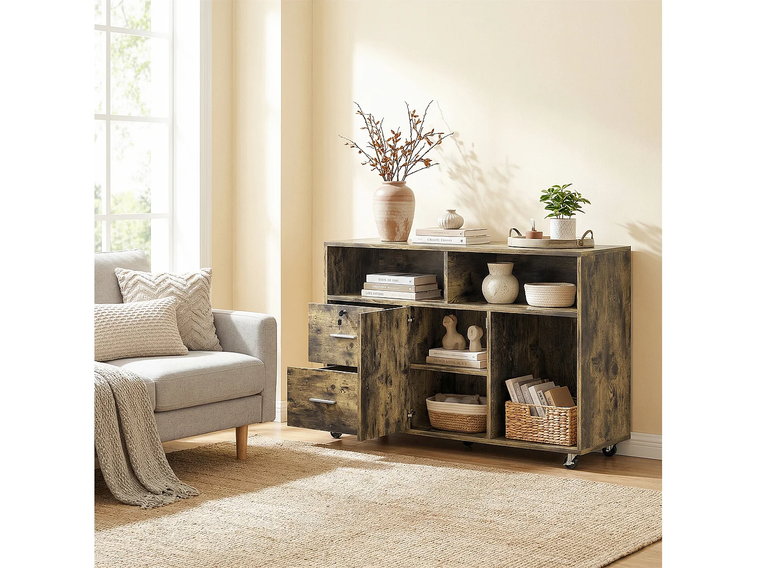 Mobile per stampante con 2 cassetti, 3 ripiani e 2 armadietti marrone