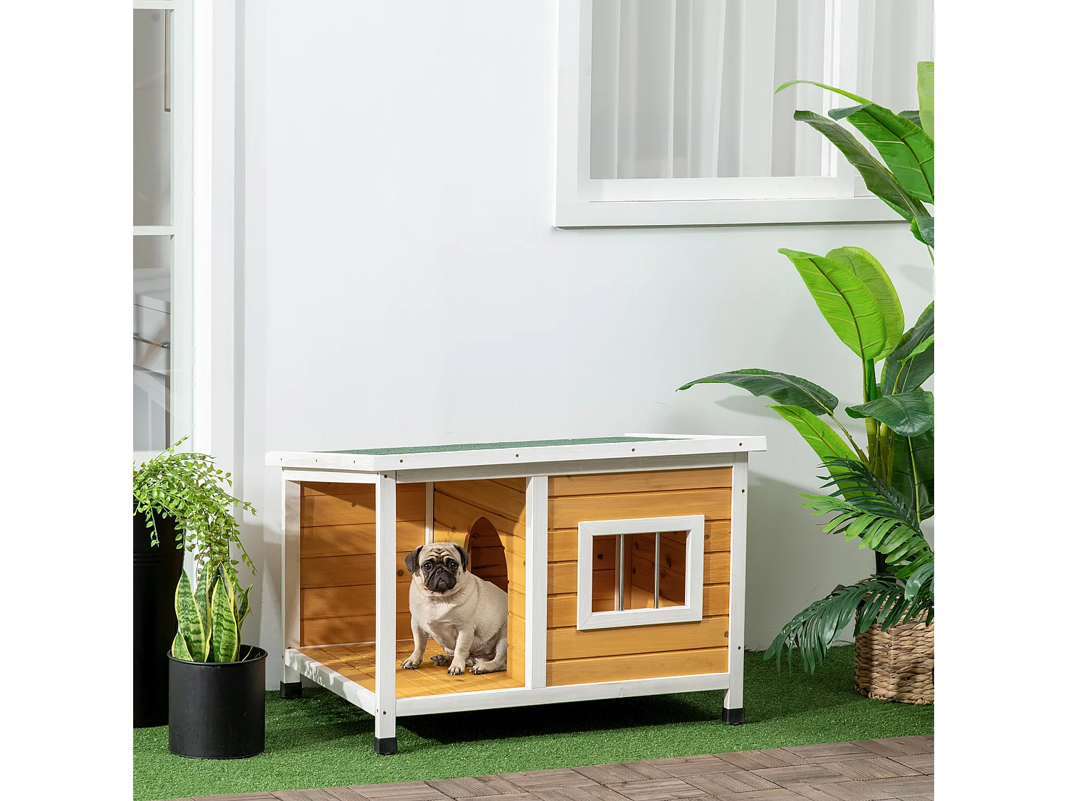 Cuccia per cani da esterno in legno con veranda e tetto inclinabile