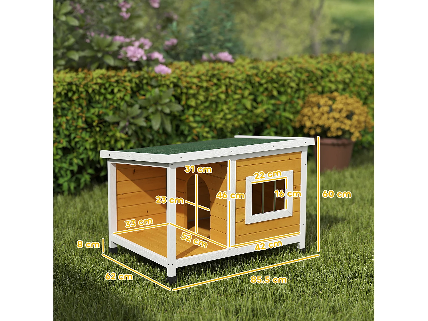 Cuccia per cani da esterno in legno con veranda e tetto inclinabile