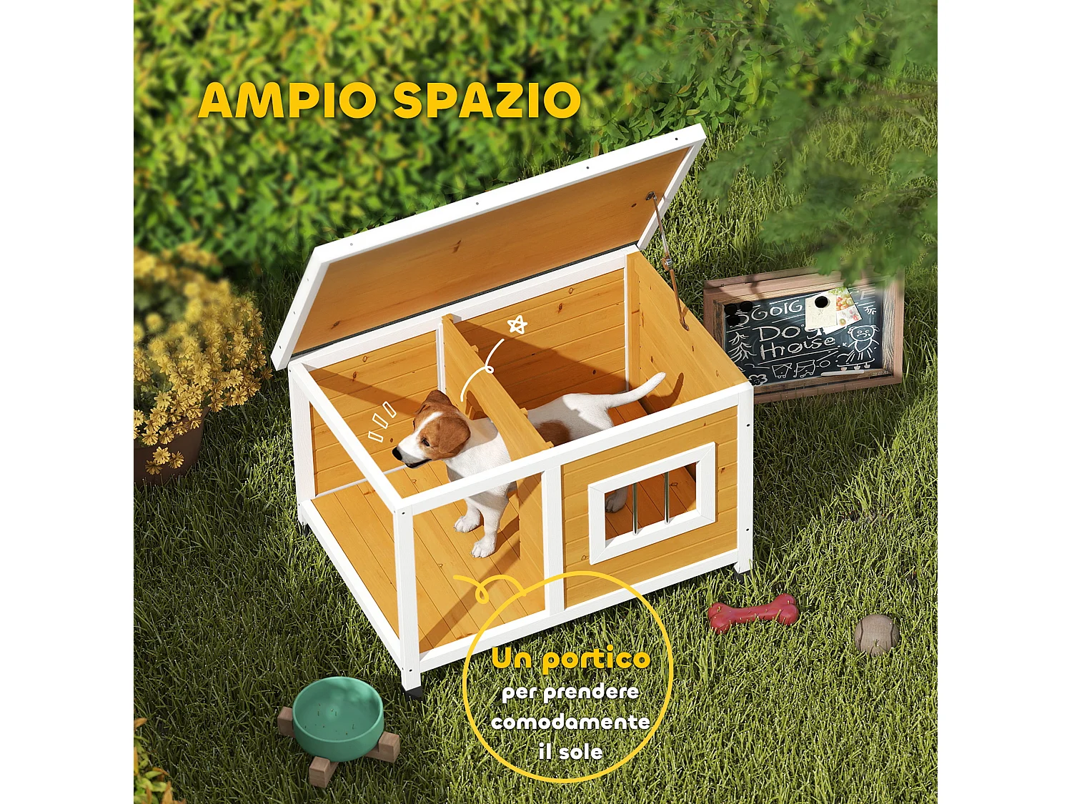 Cuccia per cani da esterno in legno con veranda e tetto inclinabile