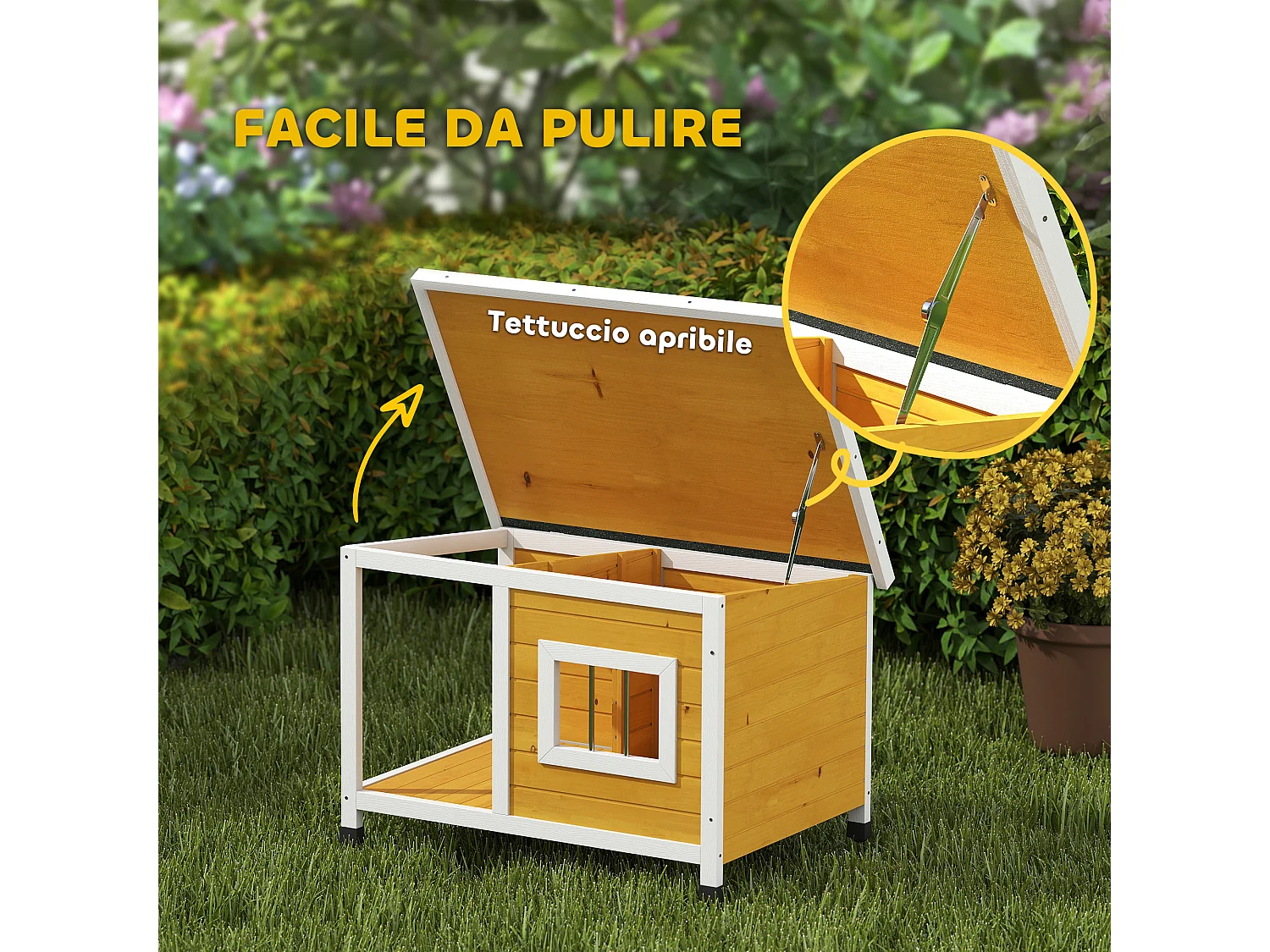 Cuccia per cani da esterno in legno con veranda e tetto inclinabile