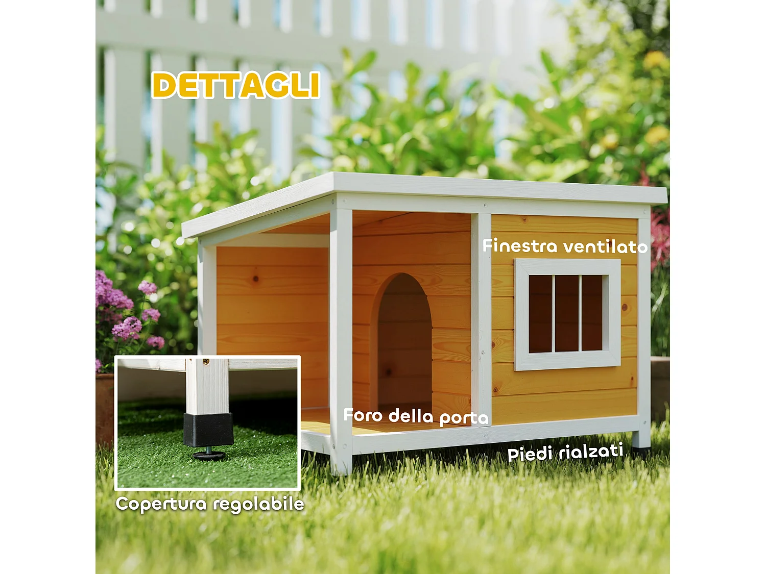 Cuccia per cani da esterno in legno con veranda e tetto inclinabile