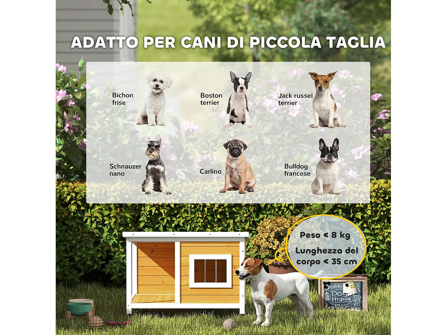 Cuccia per cani da esterno in legno con veranda e tetto inclinabile