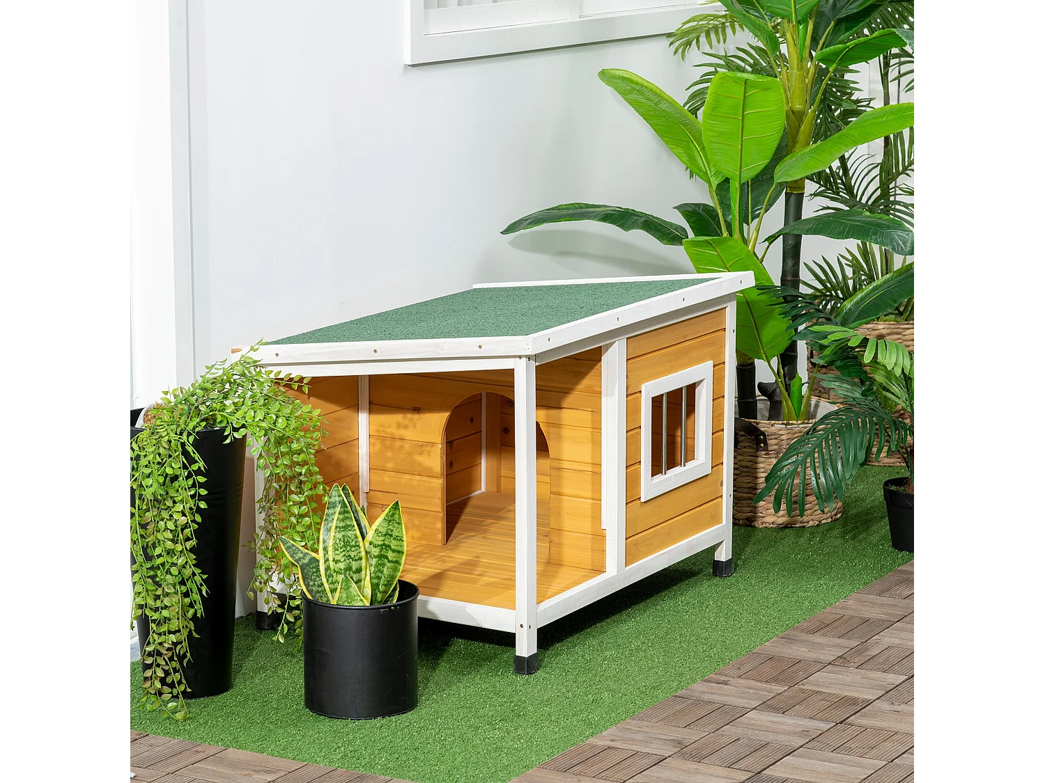 Cuccia per cani da esterno in legno con veranda e tetto inclinabile