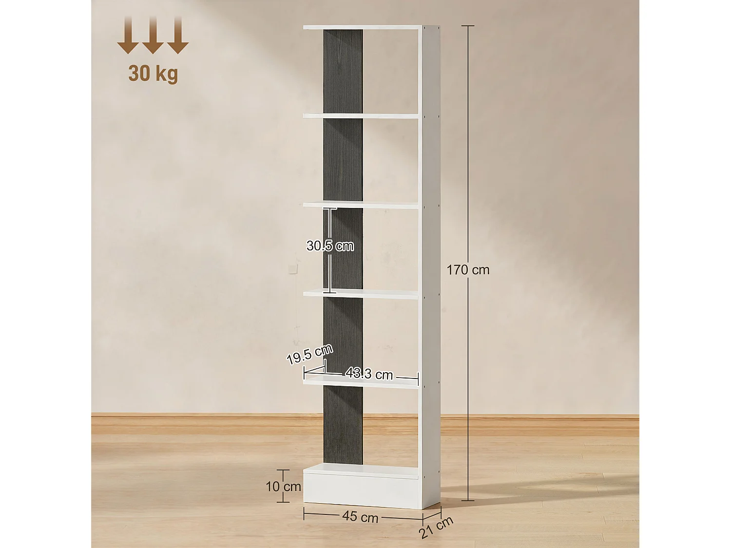 Libreria moderna salvaspazio a cinque ripiani in legno bianco e nero