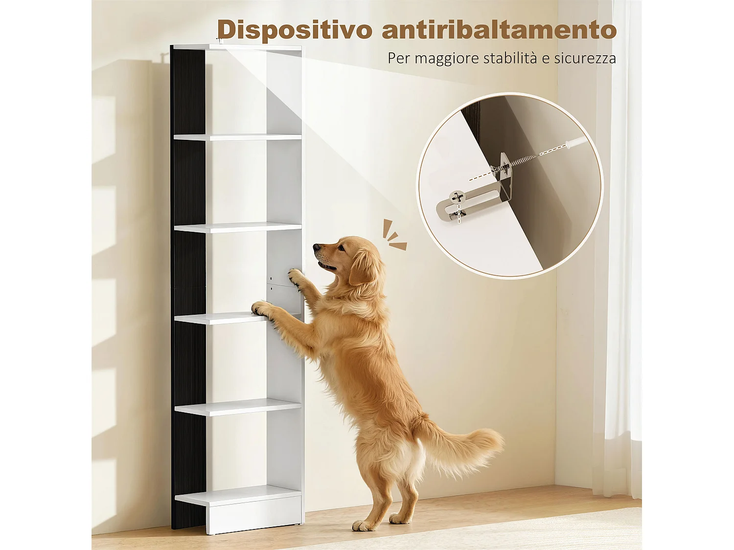 Libreria moderna salvaspazio a cinque ripiani in legno bianco e nero