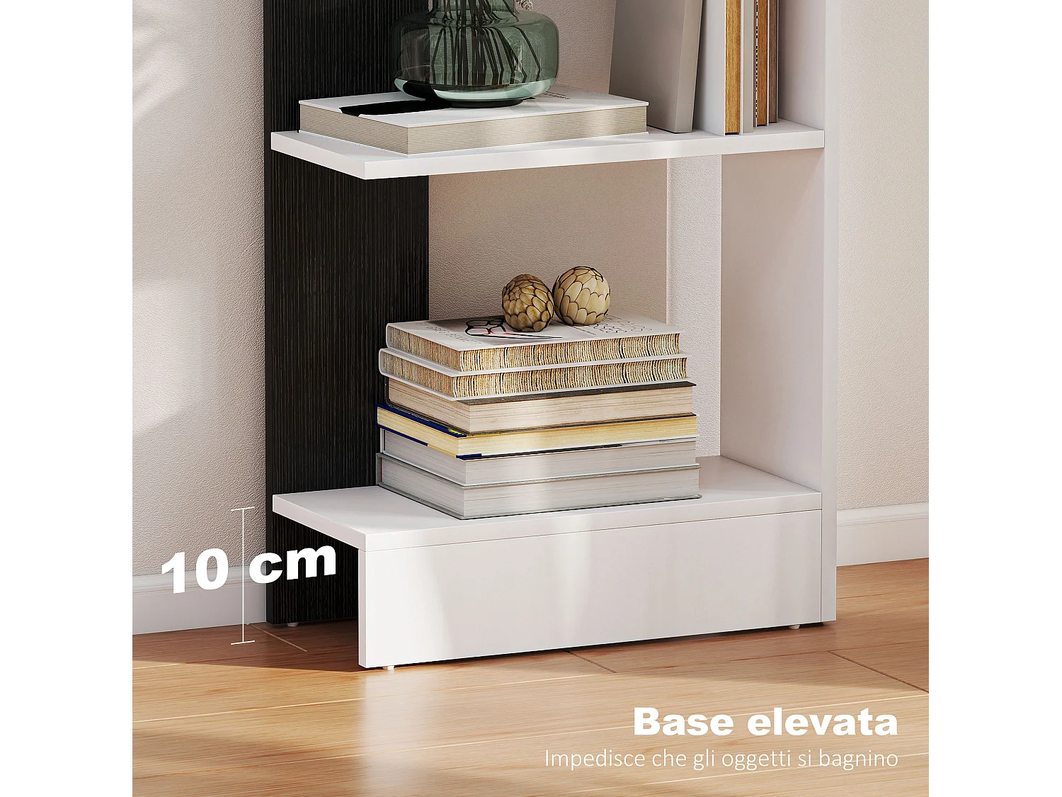 Libreria moderna salvaspazio a cinque ripiani in legno bianco e nero