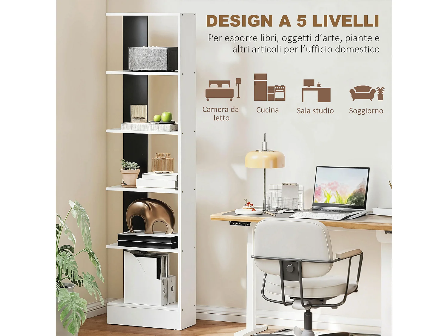 Libreria moderna salvaspazio a cinque ripiani in legno bianco e nero