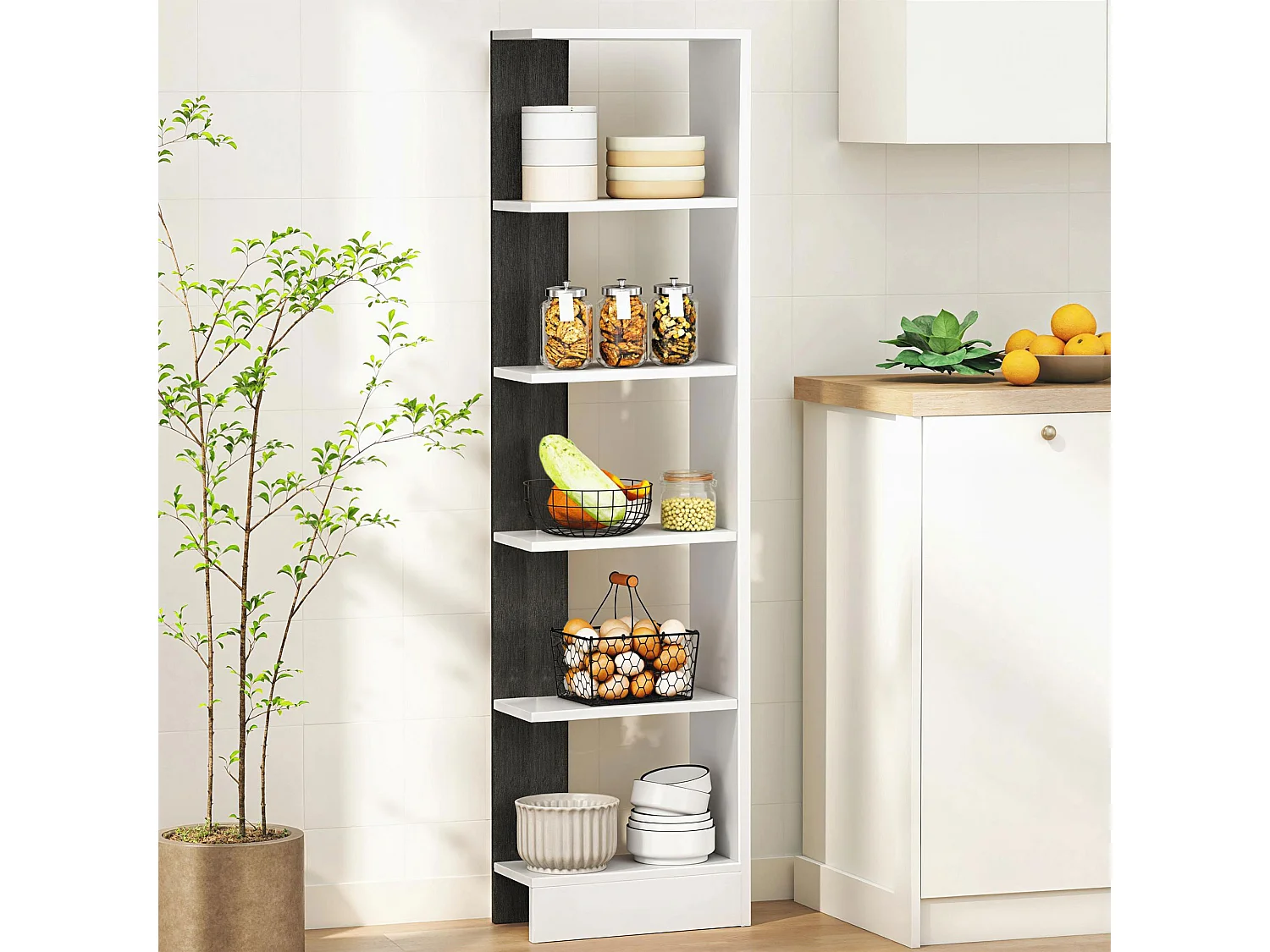 Libreria moderna salvaspazio a cinque ripiani in legno bianco e nero