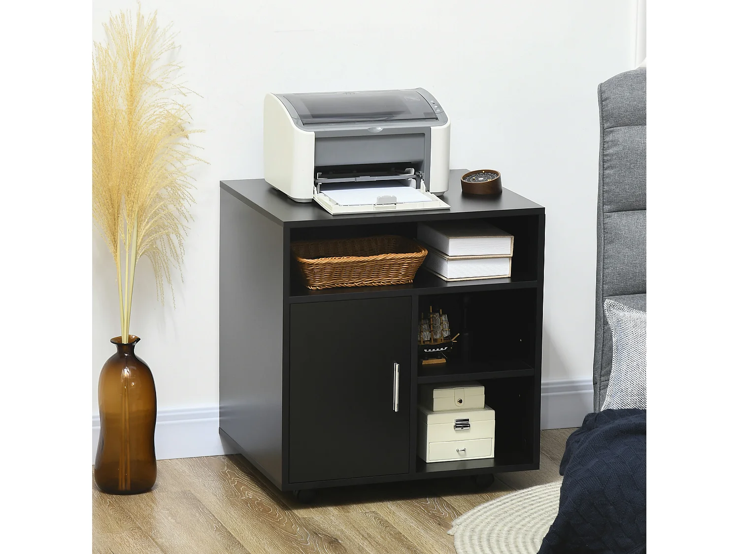 Mobile porta stampante con ruote e armadietto in legno nero