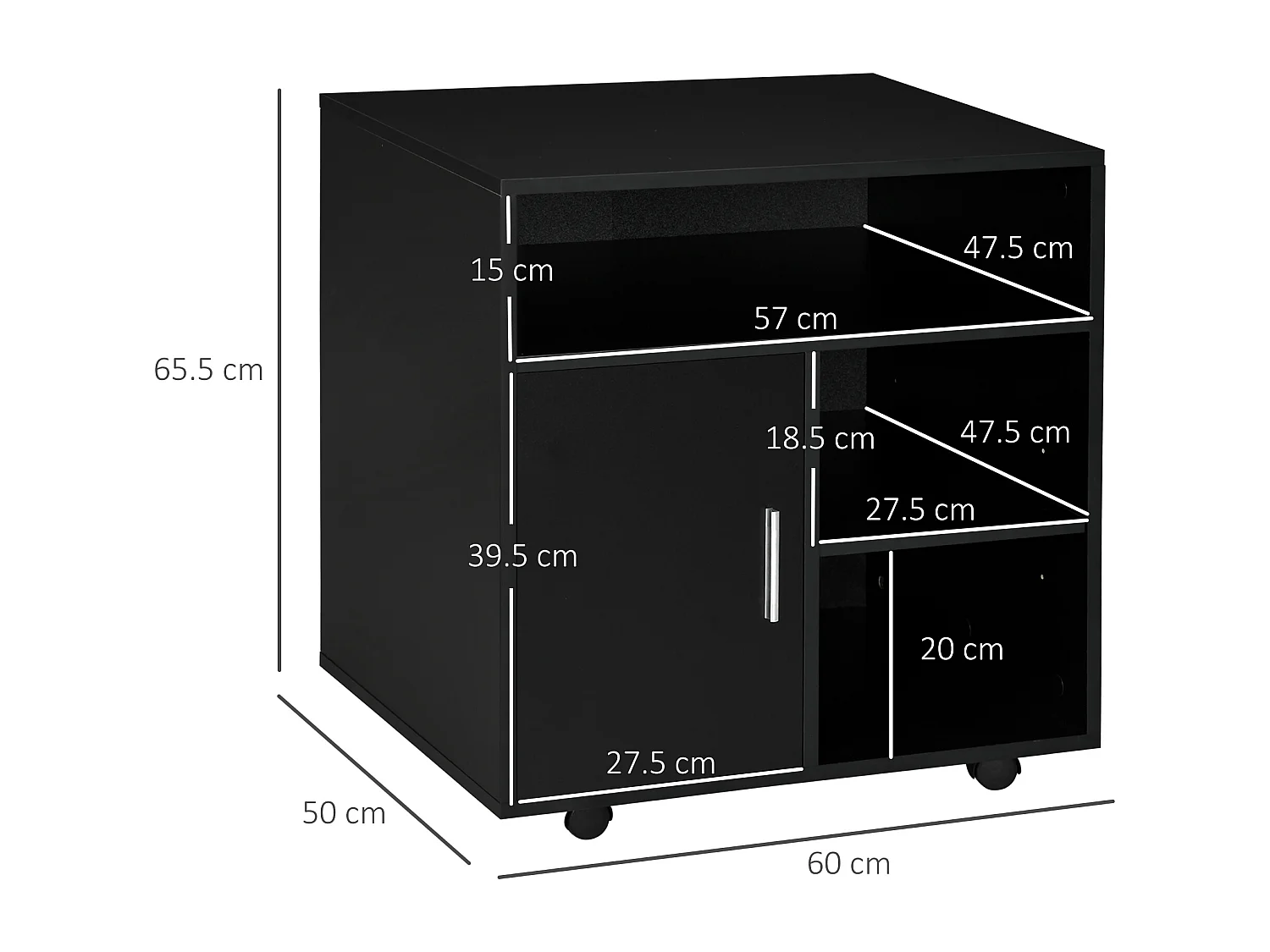 Mobile porta stampante con ruote e armadietto in legno nero