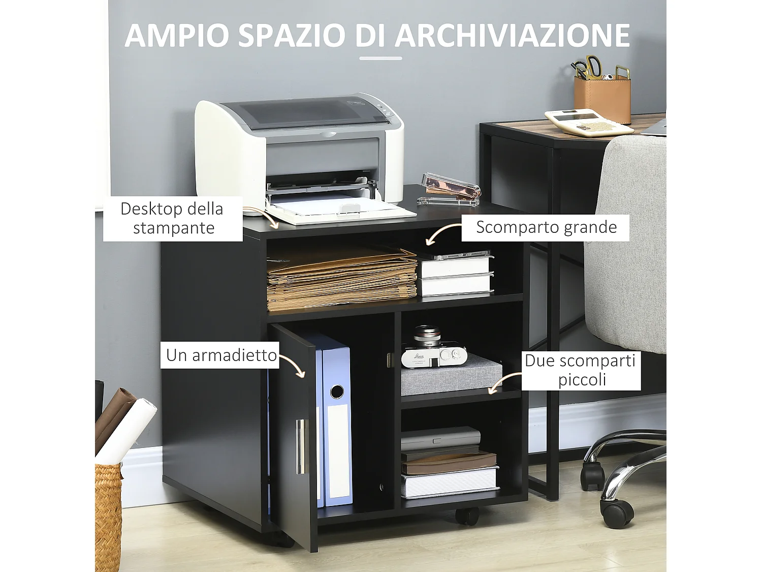 Mobile porta stampante con ruote e armadietto in legno nero