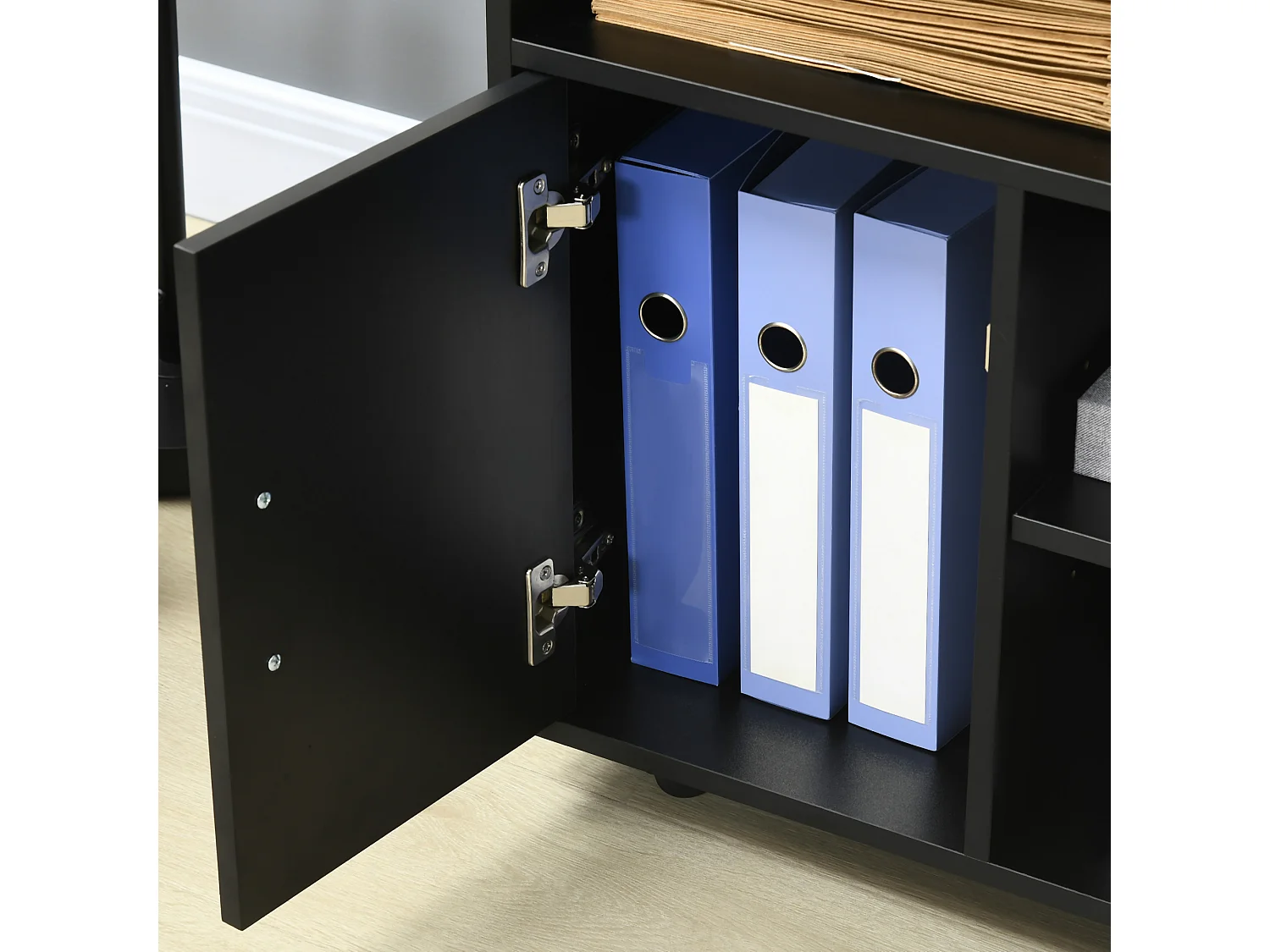 Mobile porta stampante con ruote e armadietto in legno nero