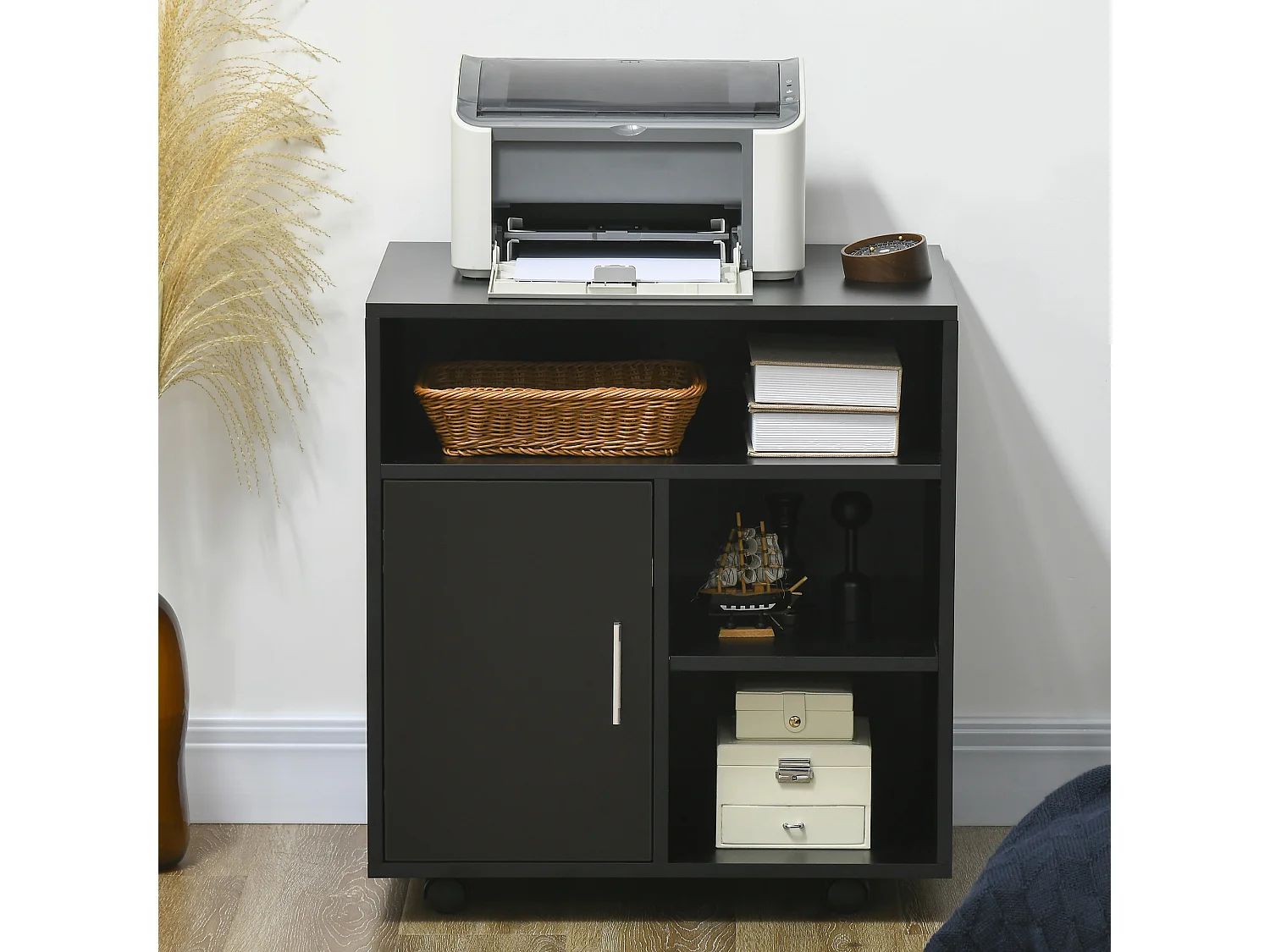 Mobile porta stampante con ruote e armadietto in legno nero