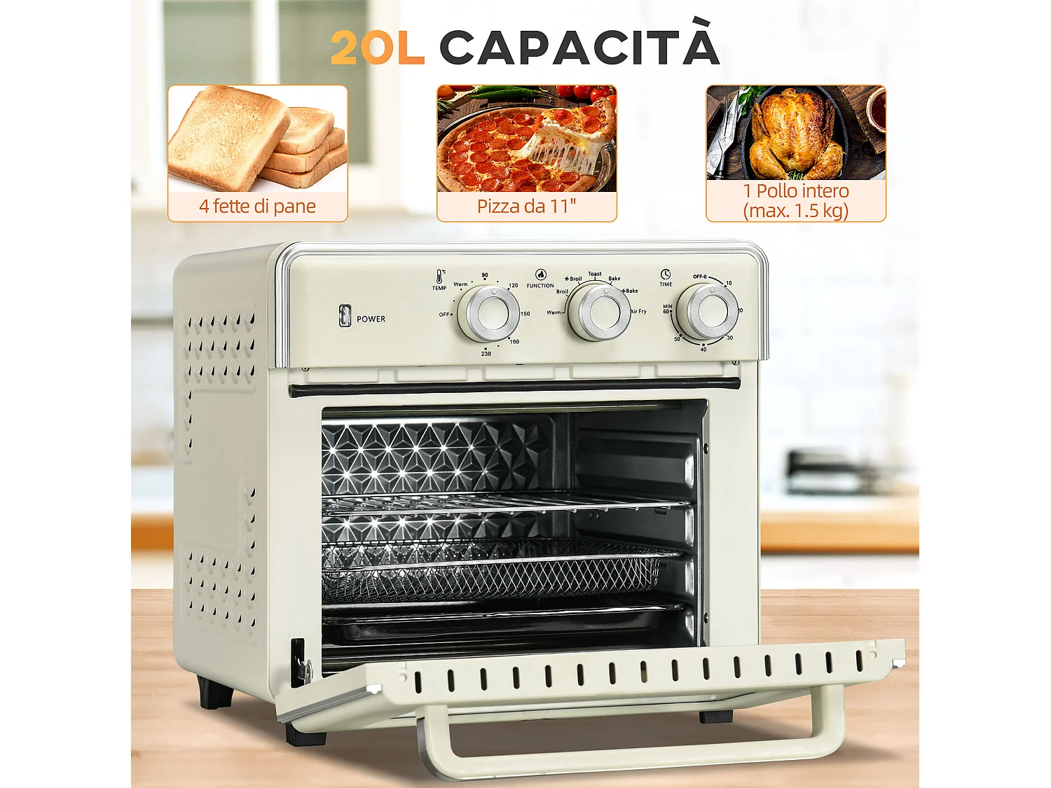 Mini Forno Elettrico 20L Ventilato 1400W con Aria Calda e Accessori Crema