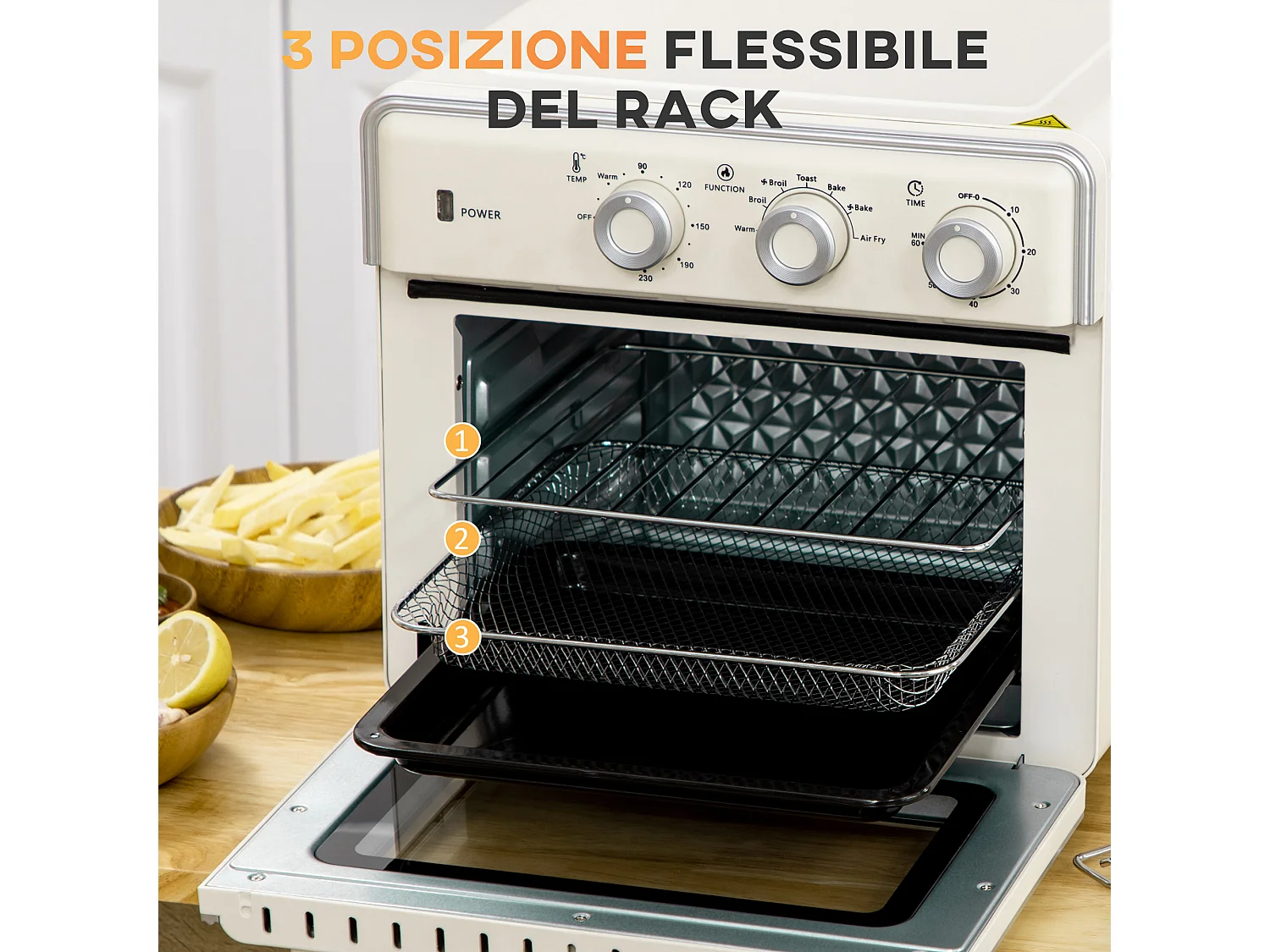 Mini Forno Elettrico 20L Ventilato 1400W con Aria Calda e Accessori Crema