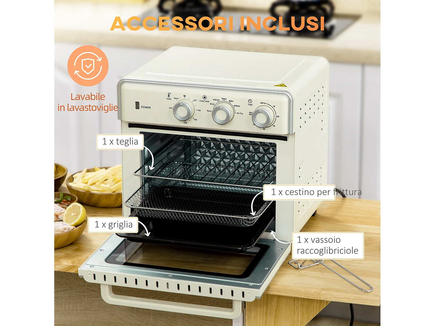 Mini Forno Elettrico 20L Ventilato 1400W con Aria Calda e Accessori Crema