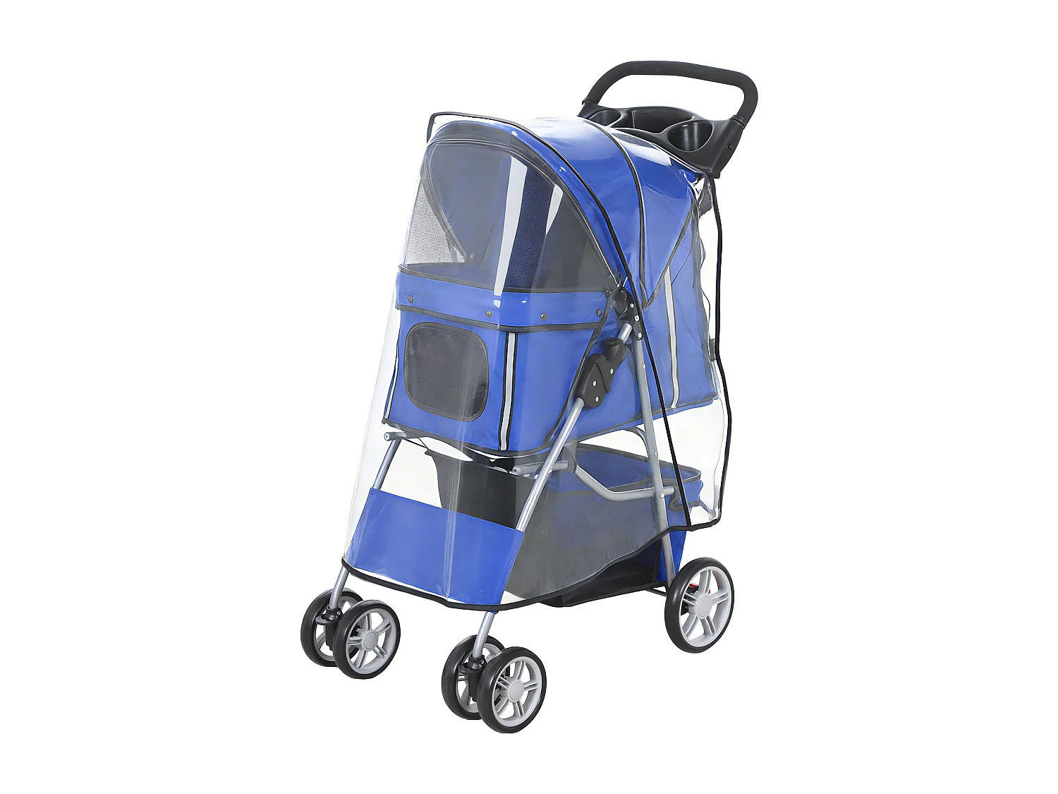 Passeggino per cani pieghevole con copertura antipioggia blu