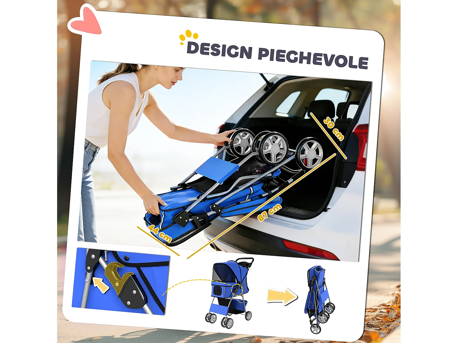 Passeggino per cani pieghevole con copertura antipioggia blu