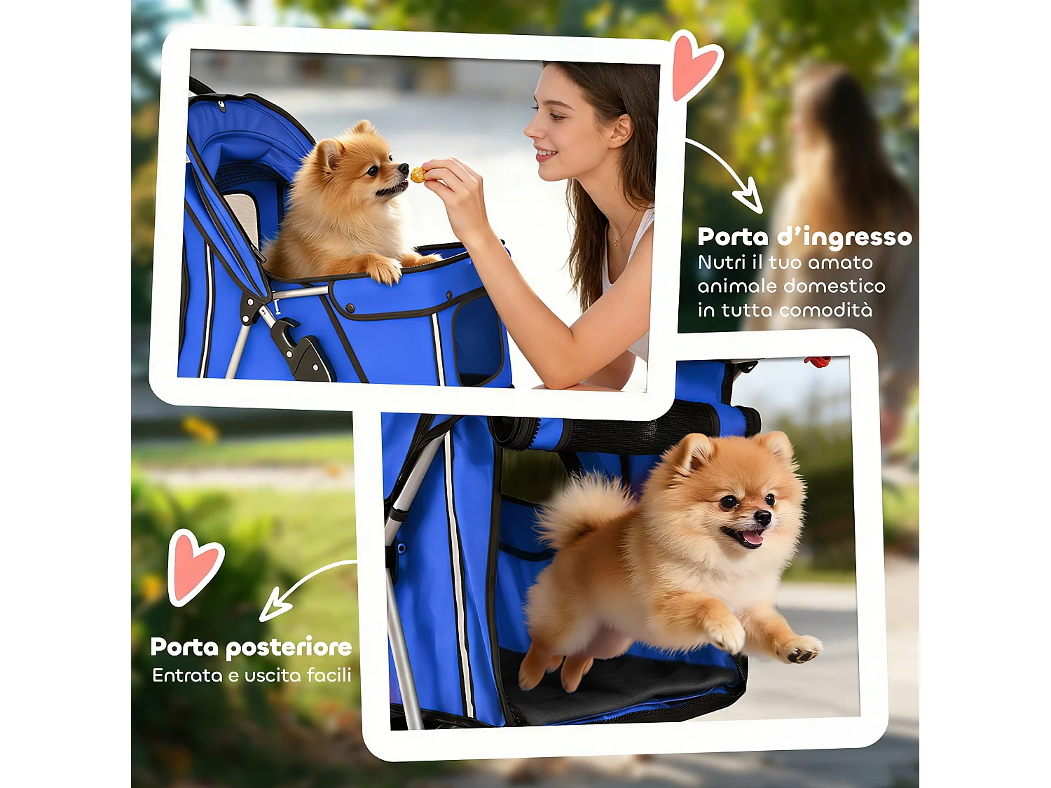 Passeggino per cani pieghevole con copertura antipioggia blu