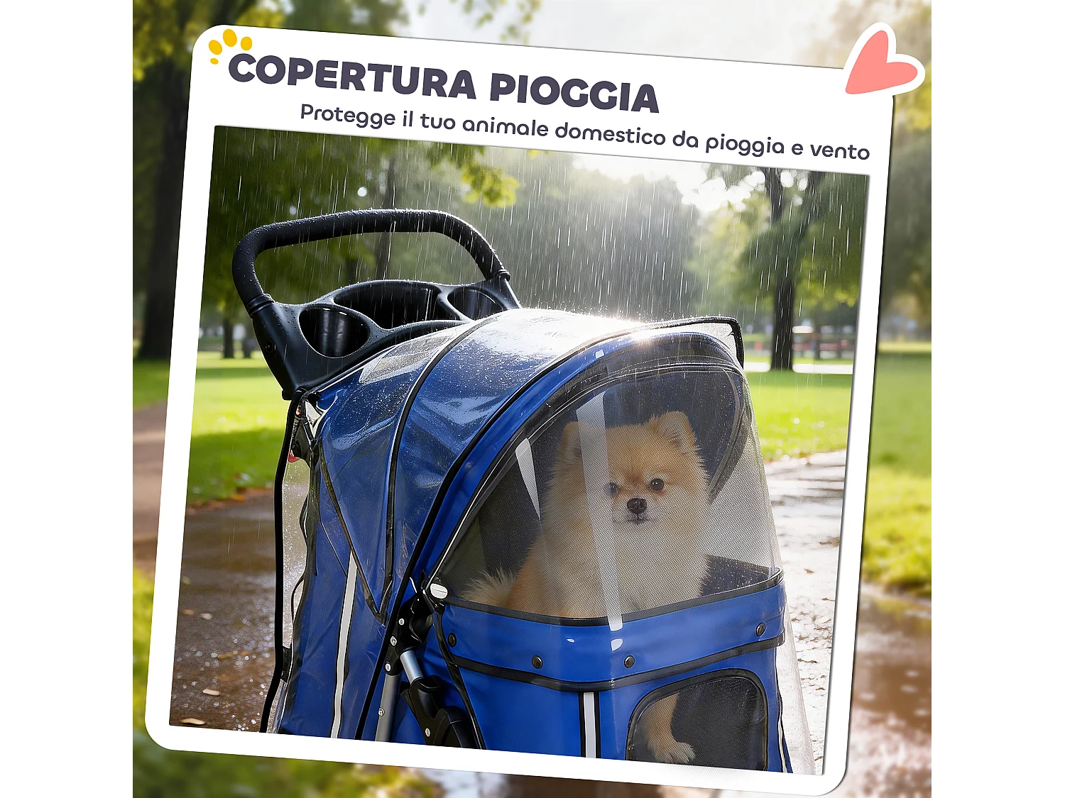 Passeggino per cani pieghevole con copertura antipioggia blu