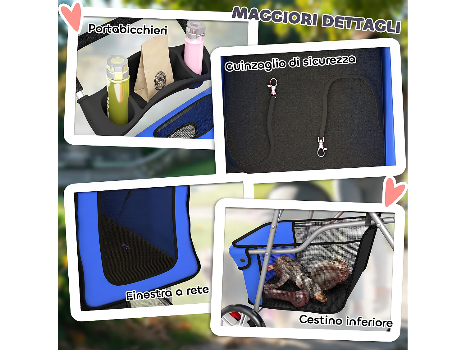 Passeggino per cani pieghevole con copertura antipioggia blu