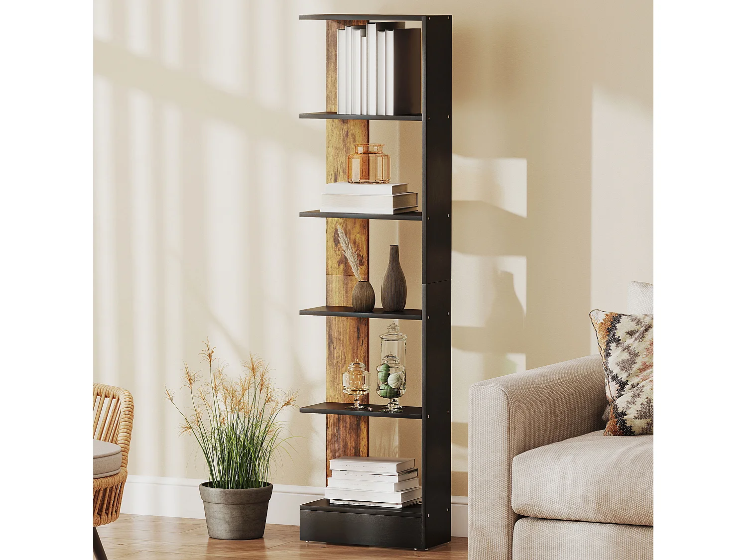 Libreria moderna salvaspazio a cinque ripiani in legno marrone e nero