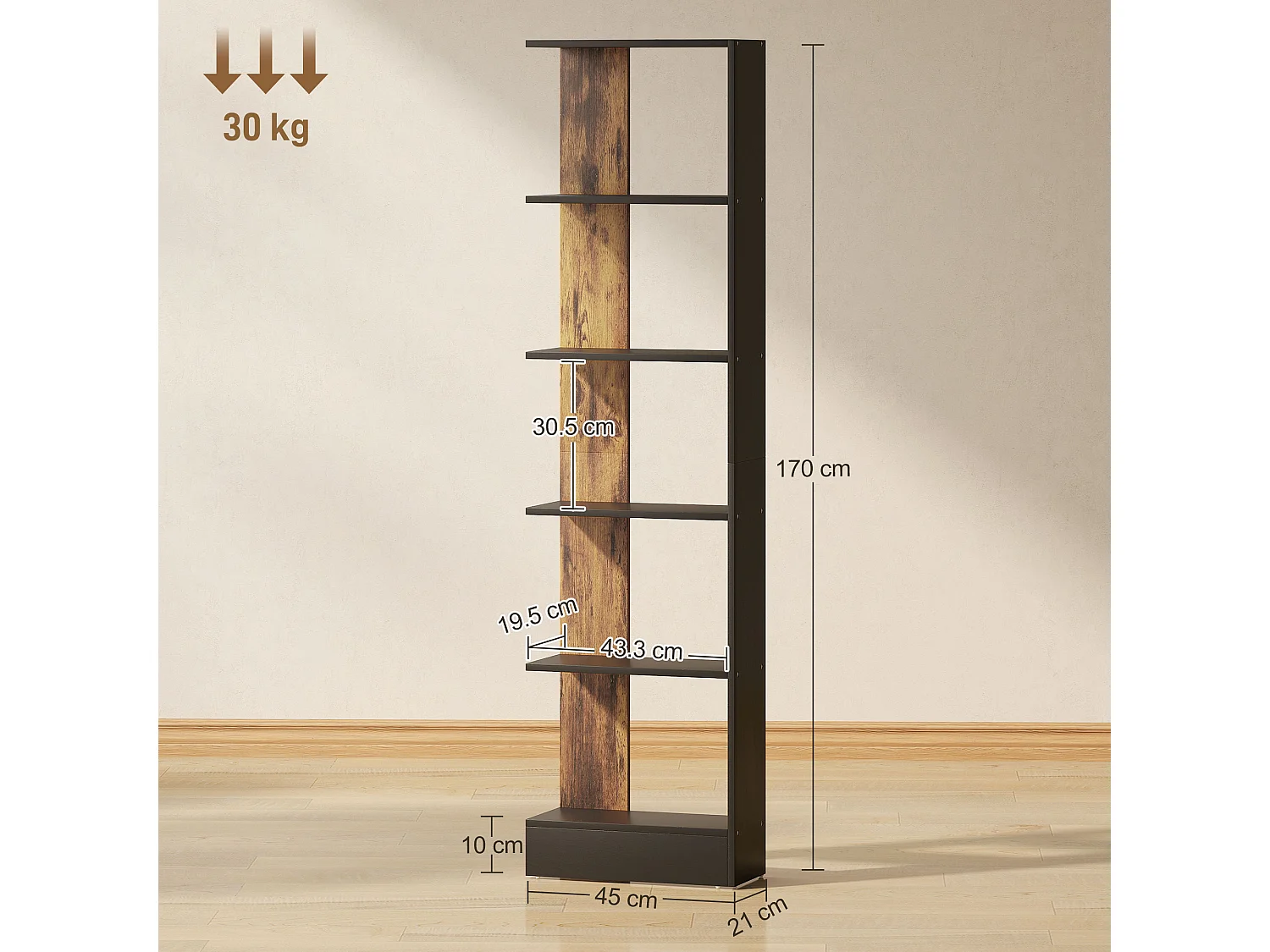 Libreria moderna salvaspazio a cinque ripiani in legno marrone e nero