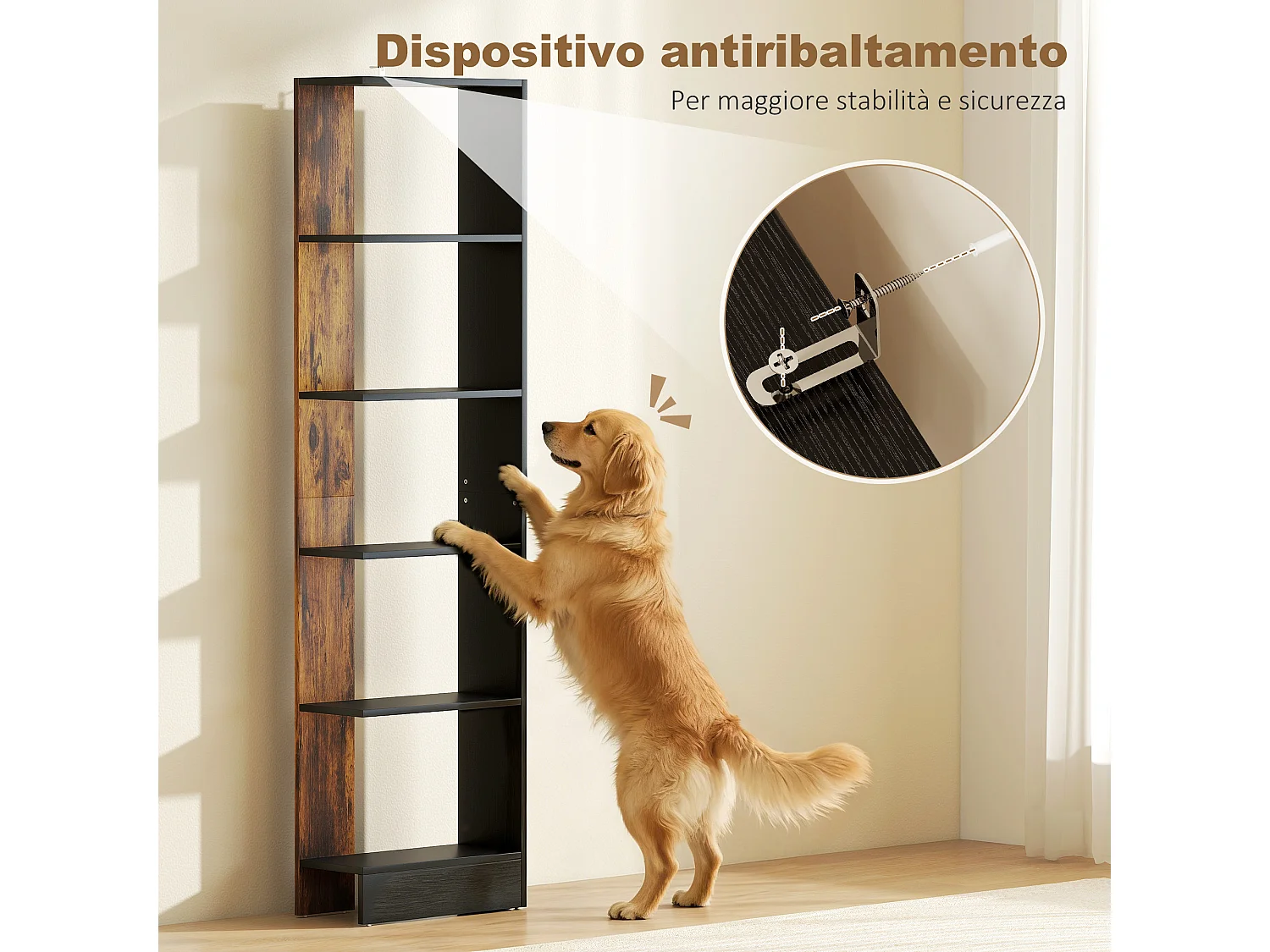 Libreria moderna salvaspazio a cinque ripiani in legno marrone e nero