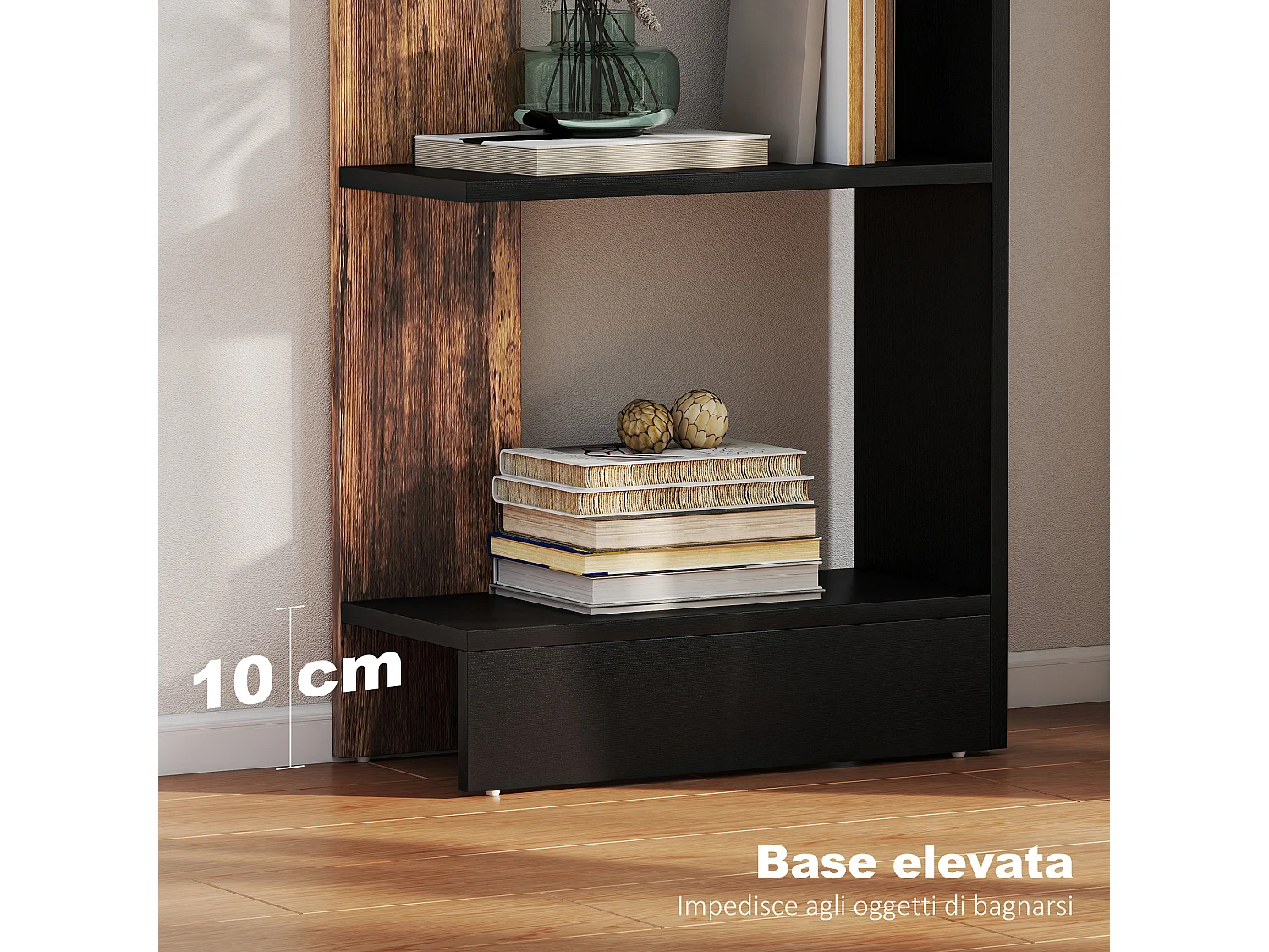 Libreria moderna salvaspazio a cinque ripiani in legno marrone e nero