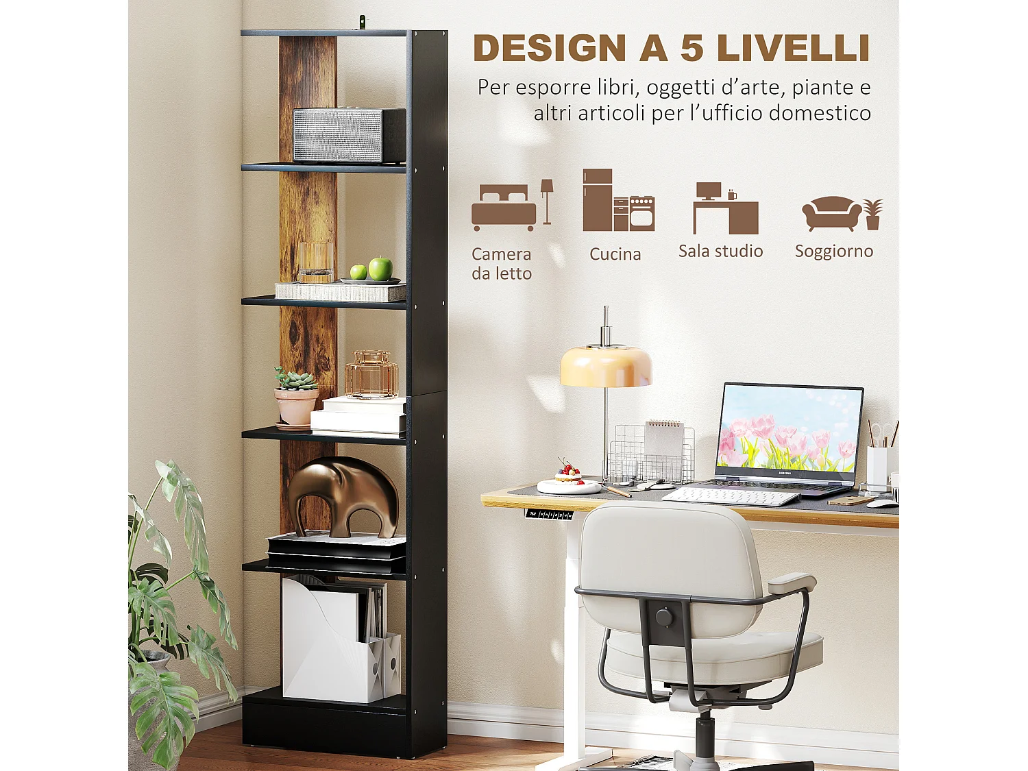 Libreria moderna salvaspazio a cinque ripiani in legno marrone e nero