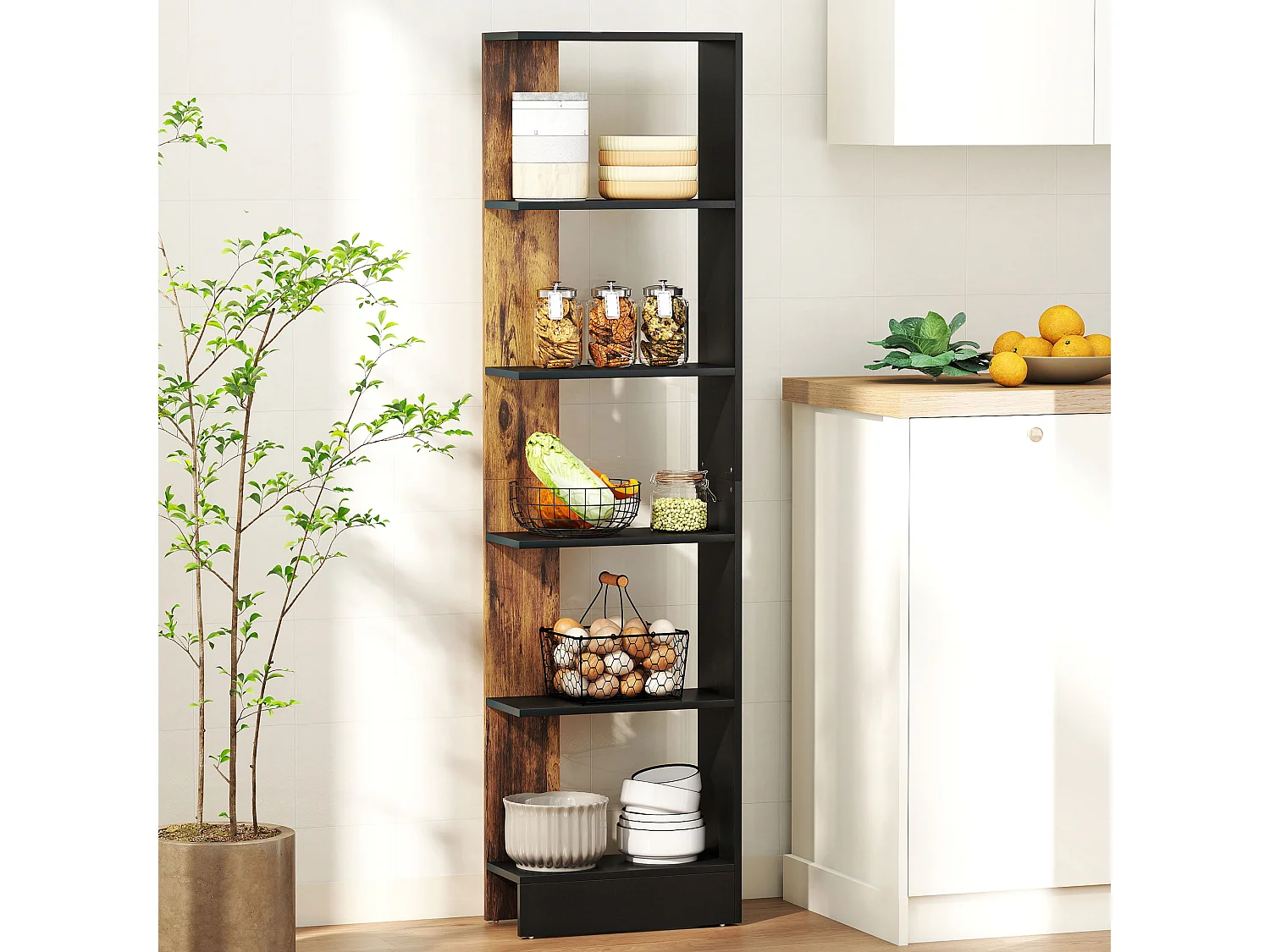 Libreria moderna salvaspazio a cinque ripiani in legno marrone e nero