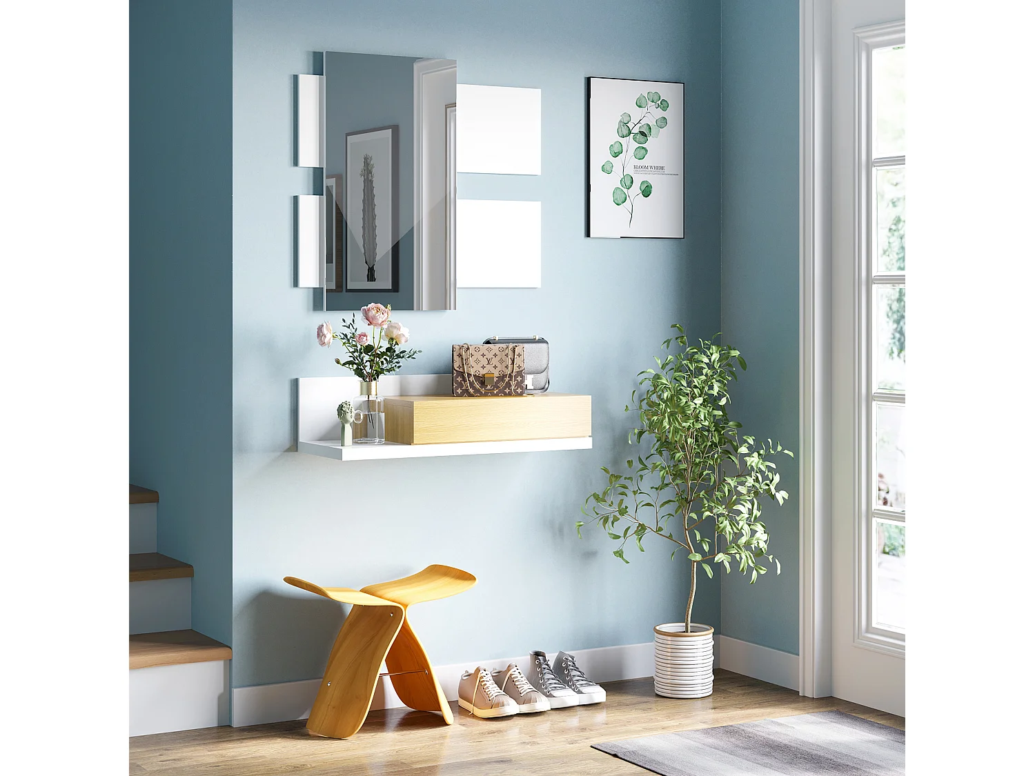 Set mobili da ingresso a parete con specchio 40x70cm e cassetto