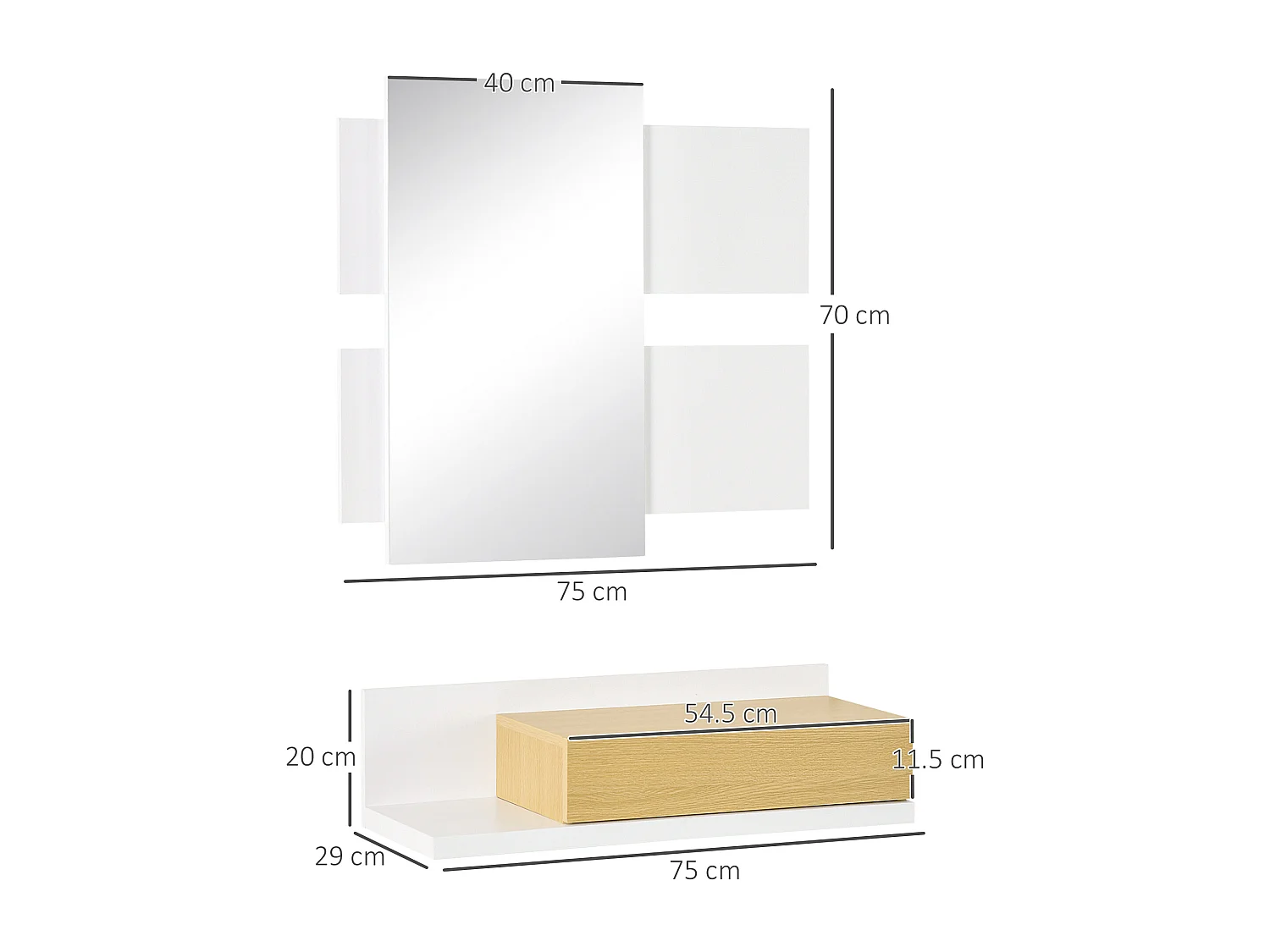 Set mobili da ingresso a parete con specchio 40x70cm e cassetto