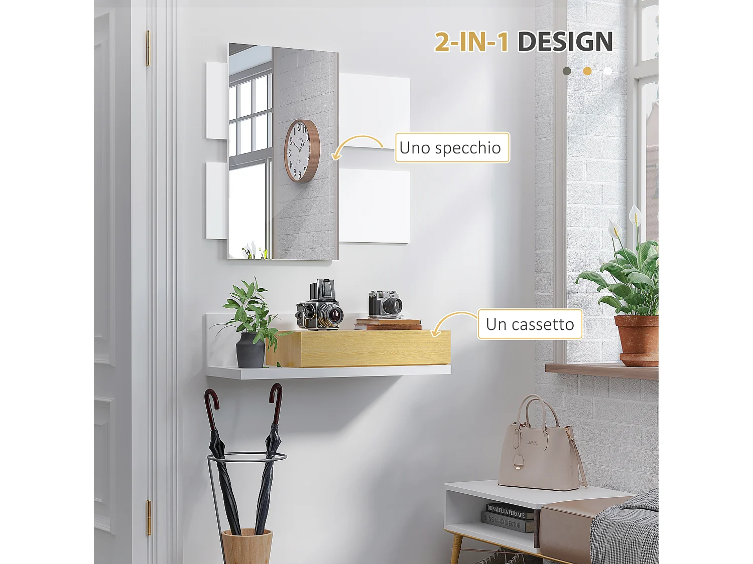 Set mobili da ingresso a parete con specchio 40x70cm e cassetto