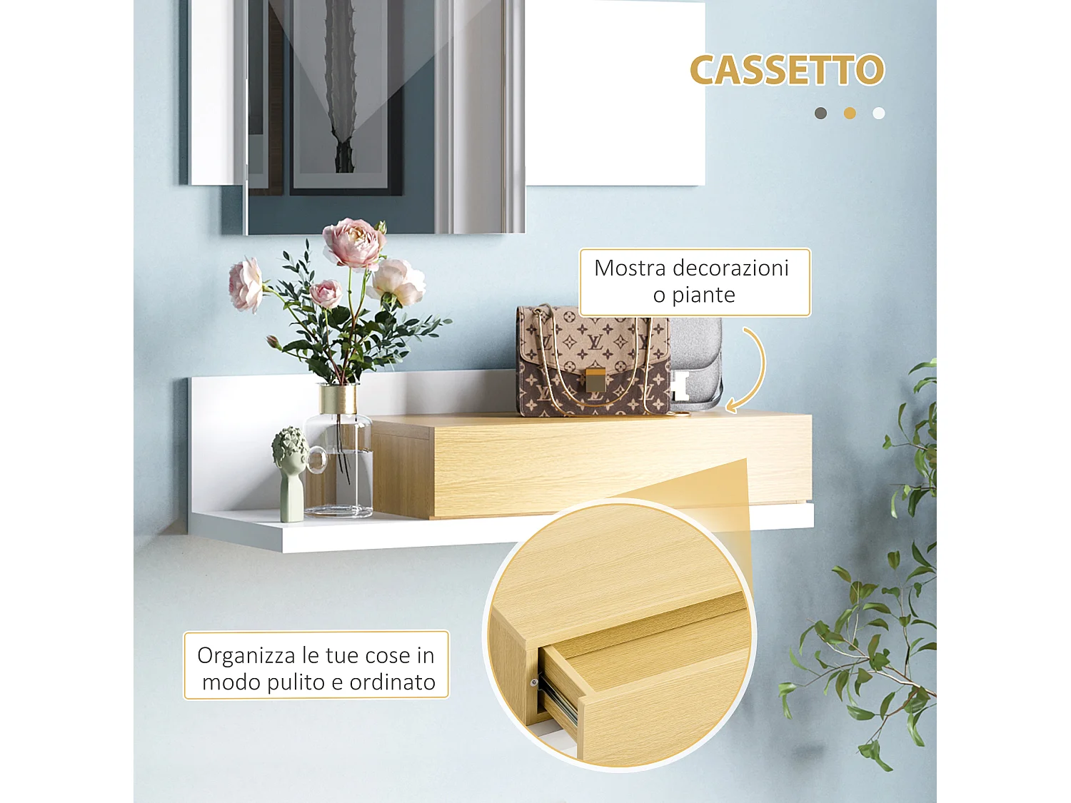 Set mobili da ingresso a parete con specchio 40x70cm e cassetto