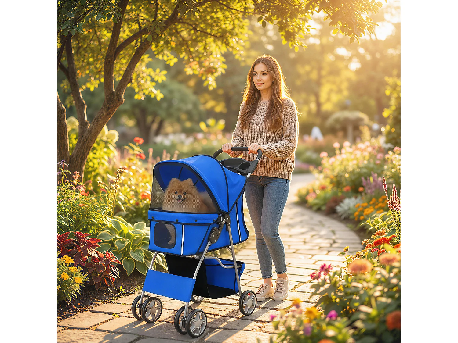 Passeggino per cani pieghevole in metallo e tessuto oxford blu