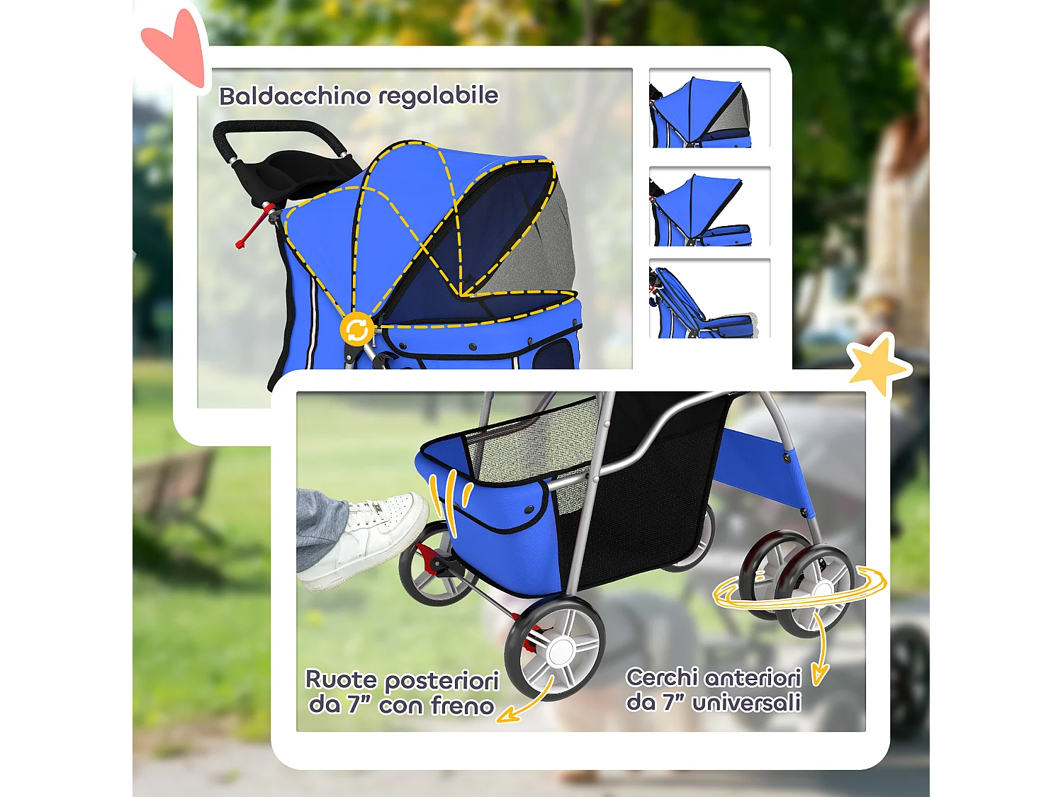 Passeggino per cani pieghevole in metallo e tessuto oxford blu