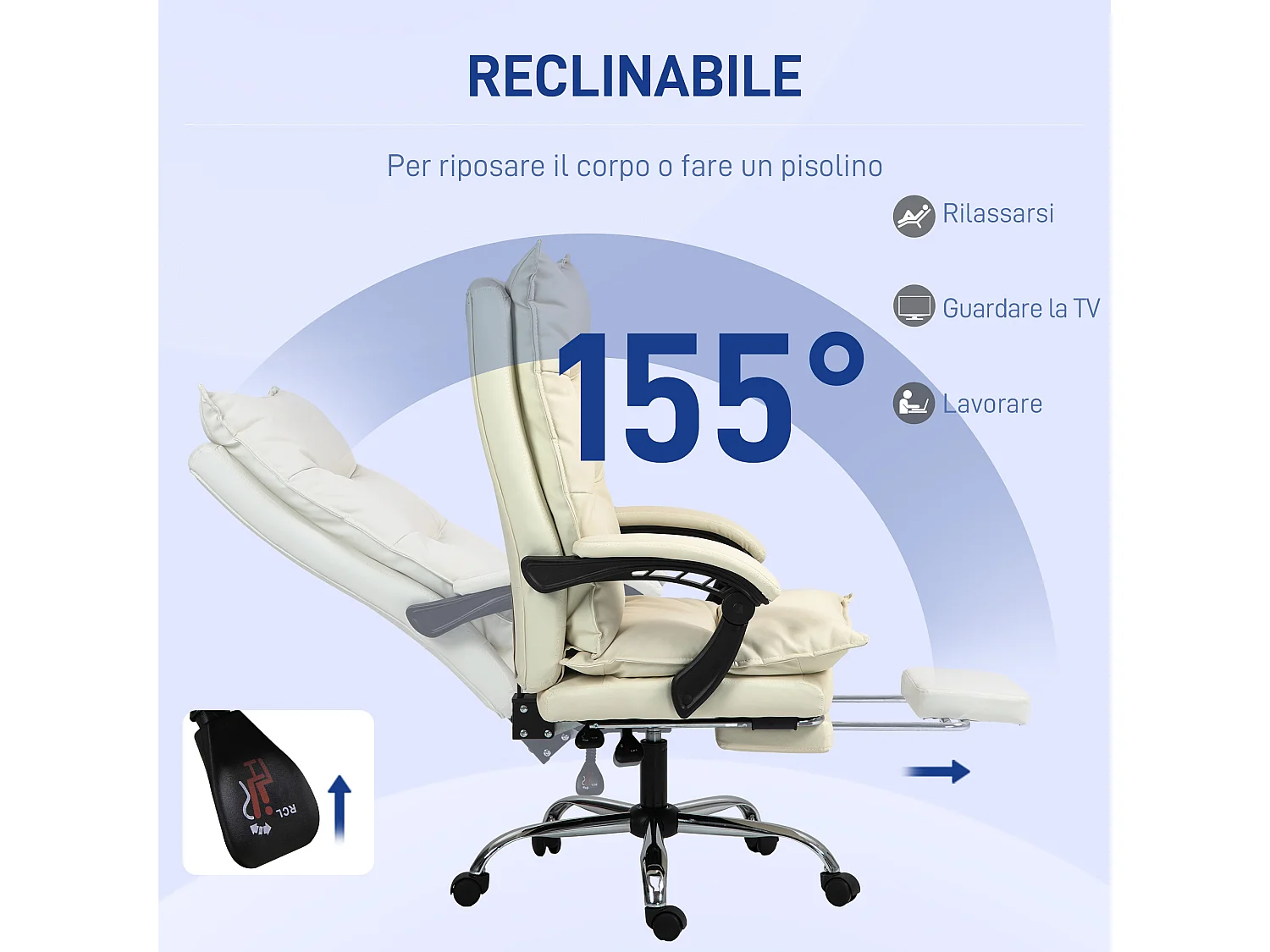 Sedia ufficio reclinabile con poggiapiedi in finta pelle beige