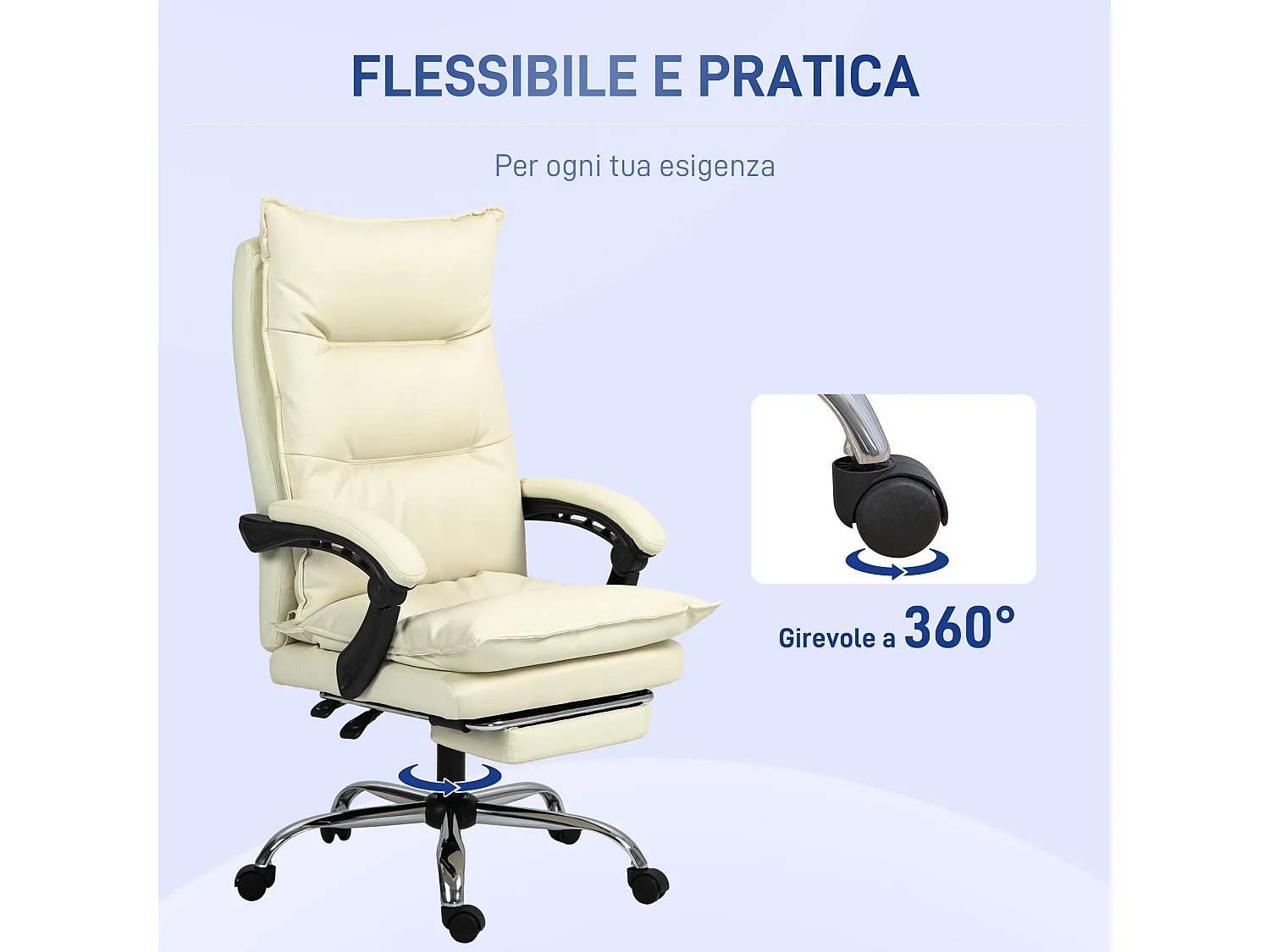 Sedia ufficio reclinabile con poggiapiedi in finta pelle beige