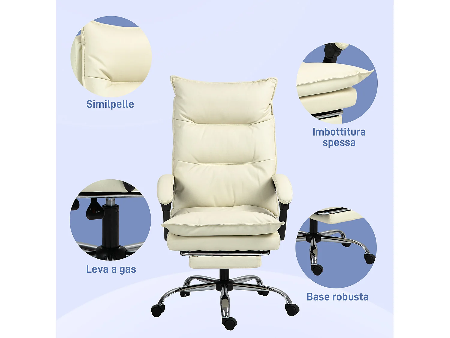 Sedia ufficio reclinabile con poggiapiedi in finta pelle beige