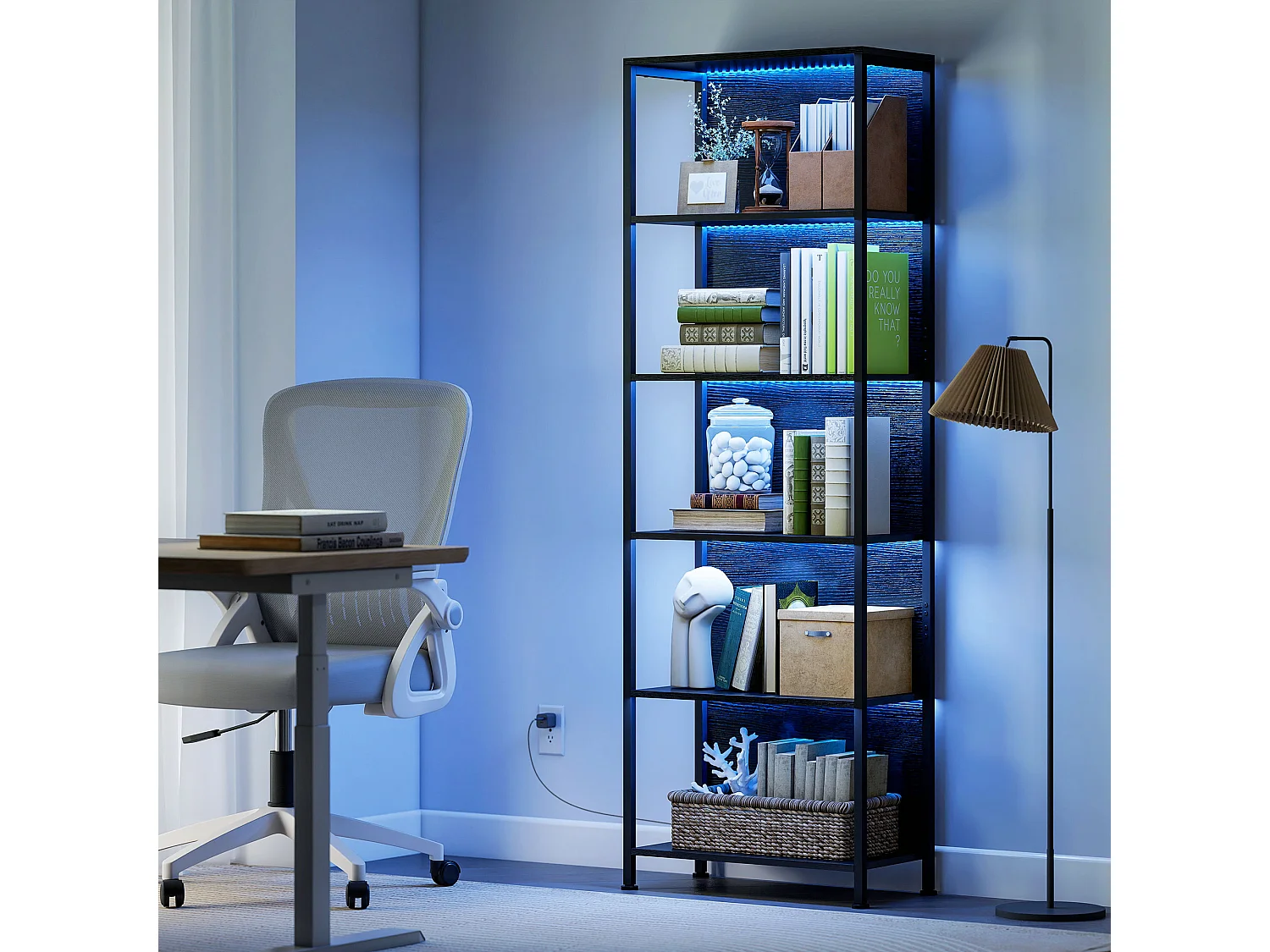 Libreria scaffale industriale a 5 livelli con illuminazione led nero