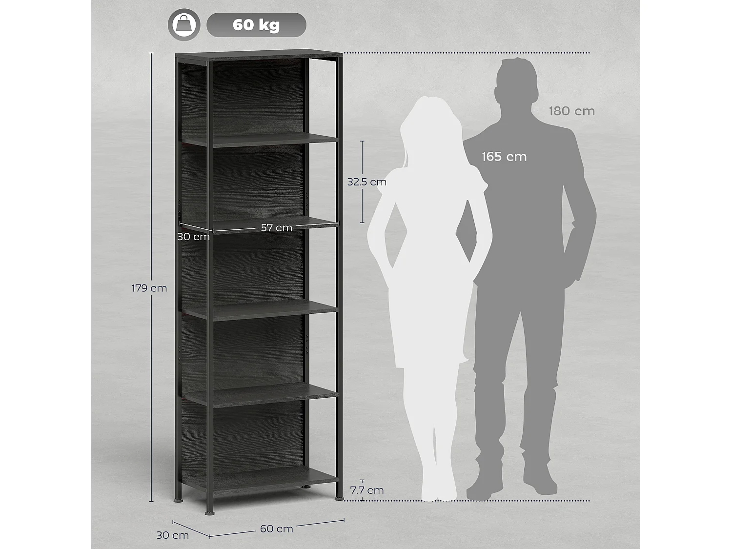 Libreria scaffale industriale a 5 livelli con illuminazione led nero